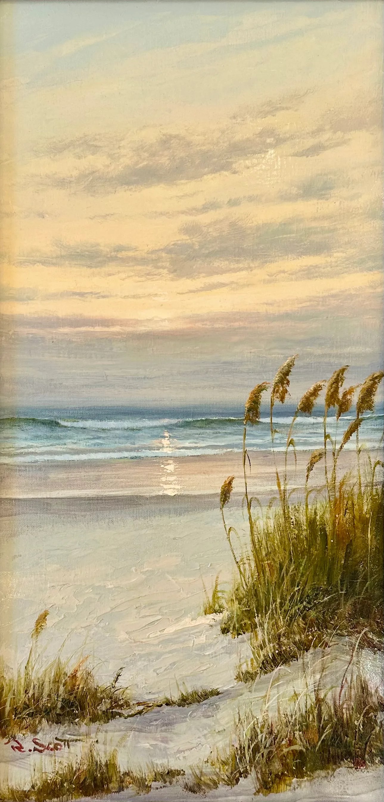 Coastal Beach Dune Sunset Oil Painting by R. Scott (Framed) - 3