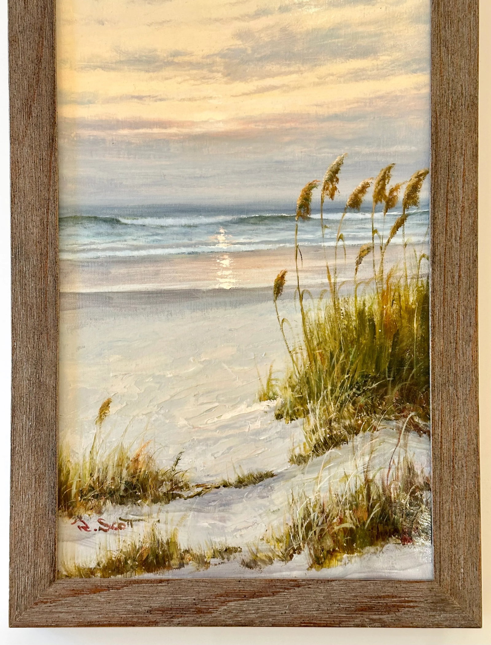 Coastal Beach Dune Sunset Oil Painting by R. Scott (Framed) - 4
