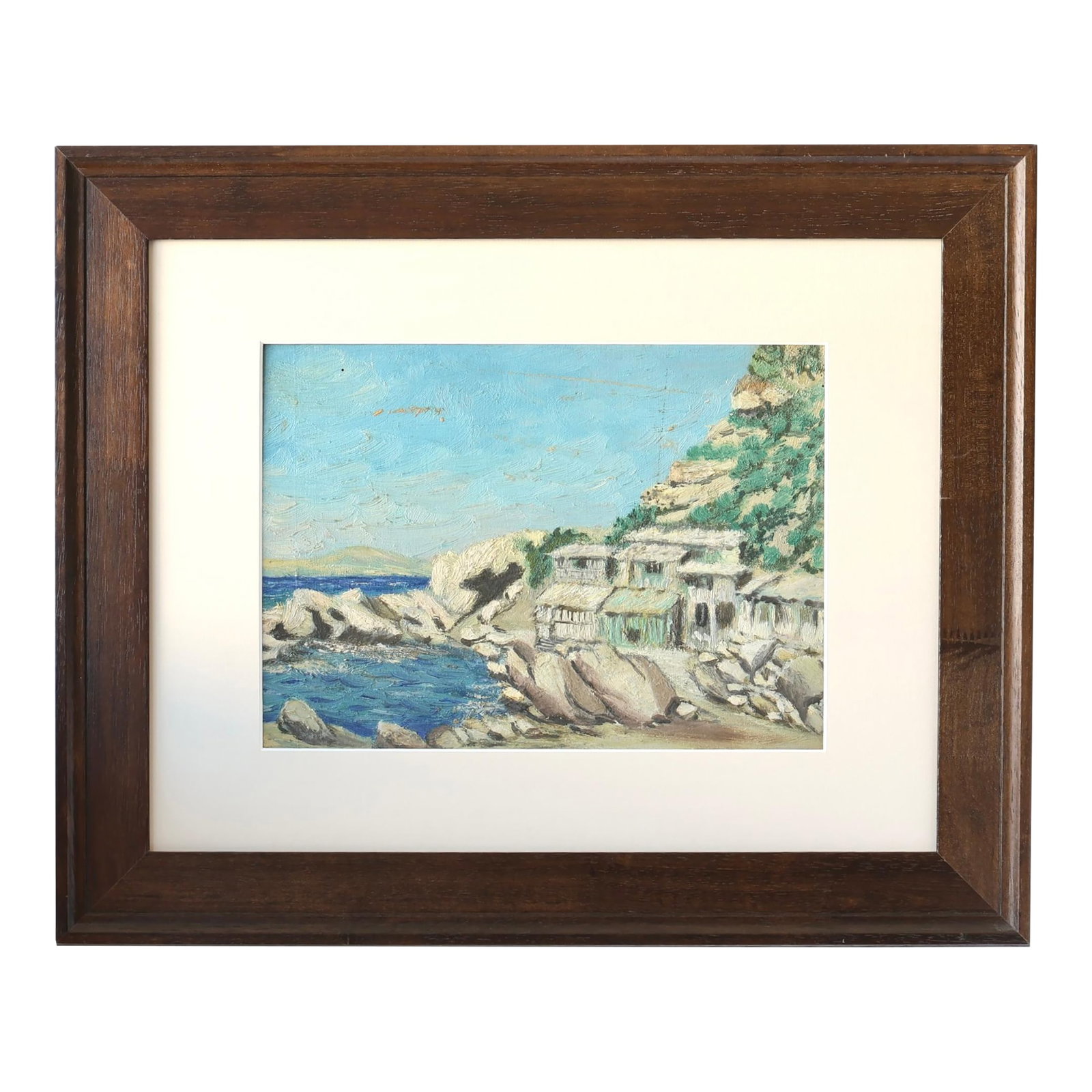 French Rocky Coastline Painting: A charming oil on board depicting a serene French coastal landscape, with rugged cliffs, rustic seaside dwellings, and deep blue waters meeting a tranquil sky. The artist's textured brushwork and vibr