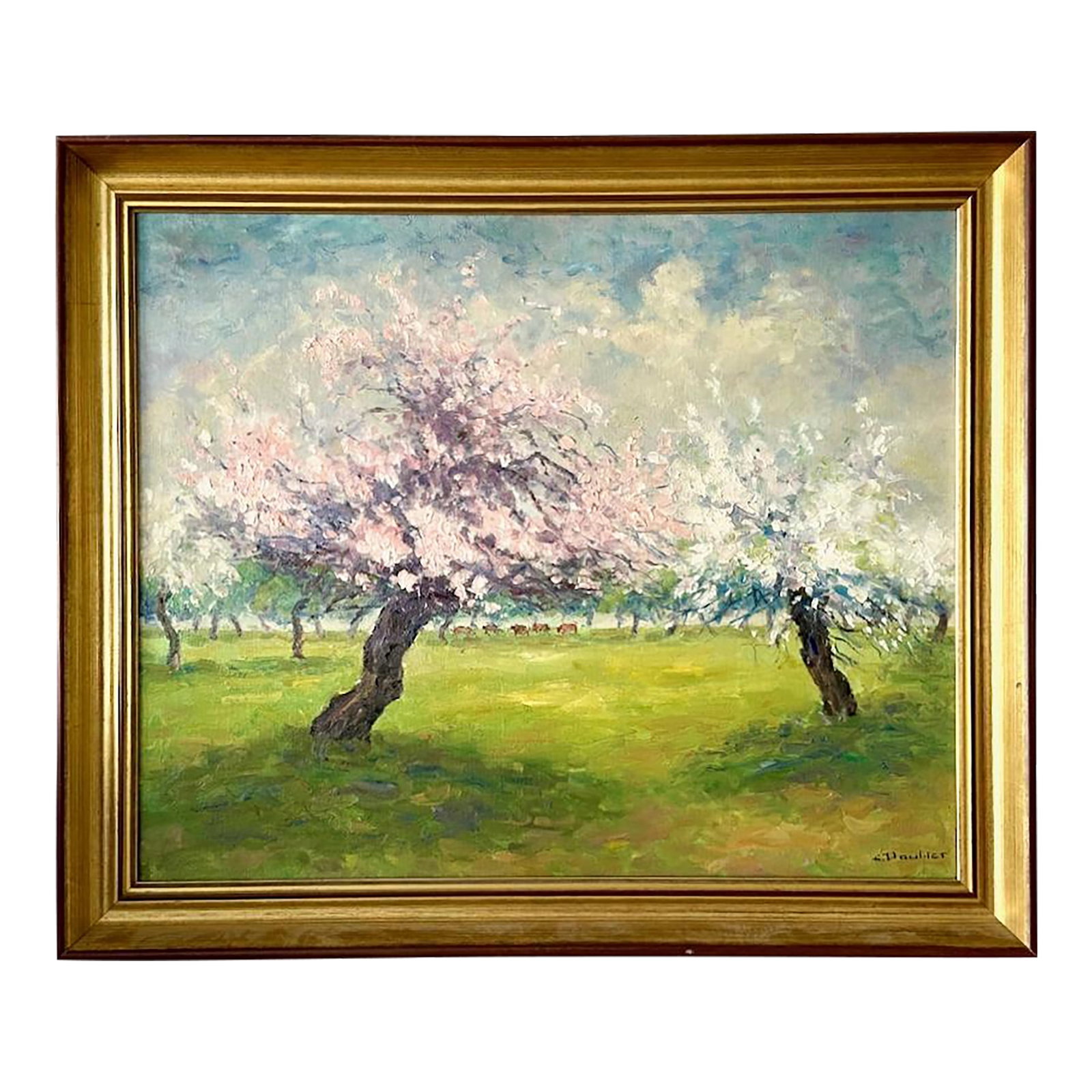 Midcentury French Landscape Painting: A charming French landscape rendered in oils, capturing two blossoming orchard trees in peak spring bloom-just the sort of view one might admire from the drawing room window at Hartfield or Aubrey