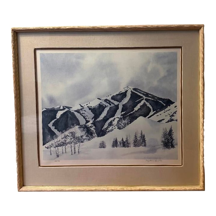 1981 Limited Edition Mountain Print by Marjolaine Renfro (Idaho Artist): This slightly abstracted mountainscape is by Idaho artist Marjolaine Renfro, The limited edition print is pencil signed, numbered 123/350 and dated '81. Vintage yet modern take on a traditional