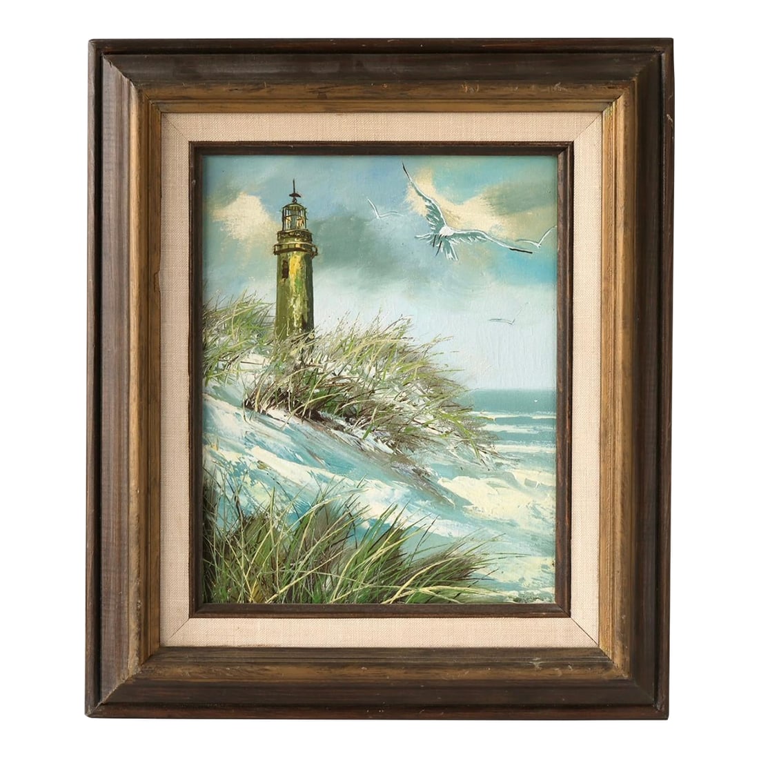 Midcentury Framed Light House Oil on Canvas: Midcentury coastal oil painting depicting a weathered lighthouse perched amid windswept dunes and sea grass, with waves crashing along the shore and a lone gull soaring overhead. The vivid turquoise