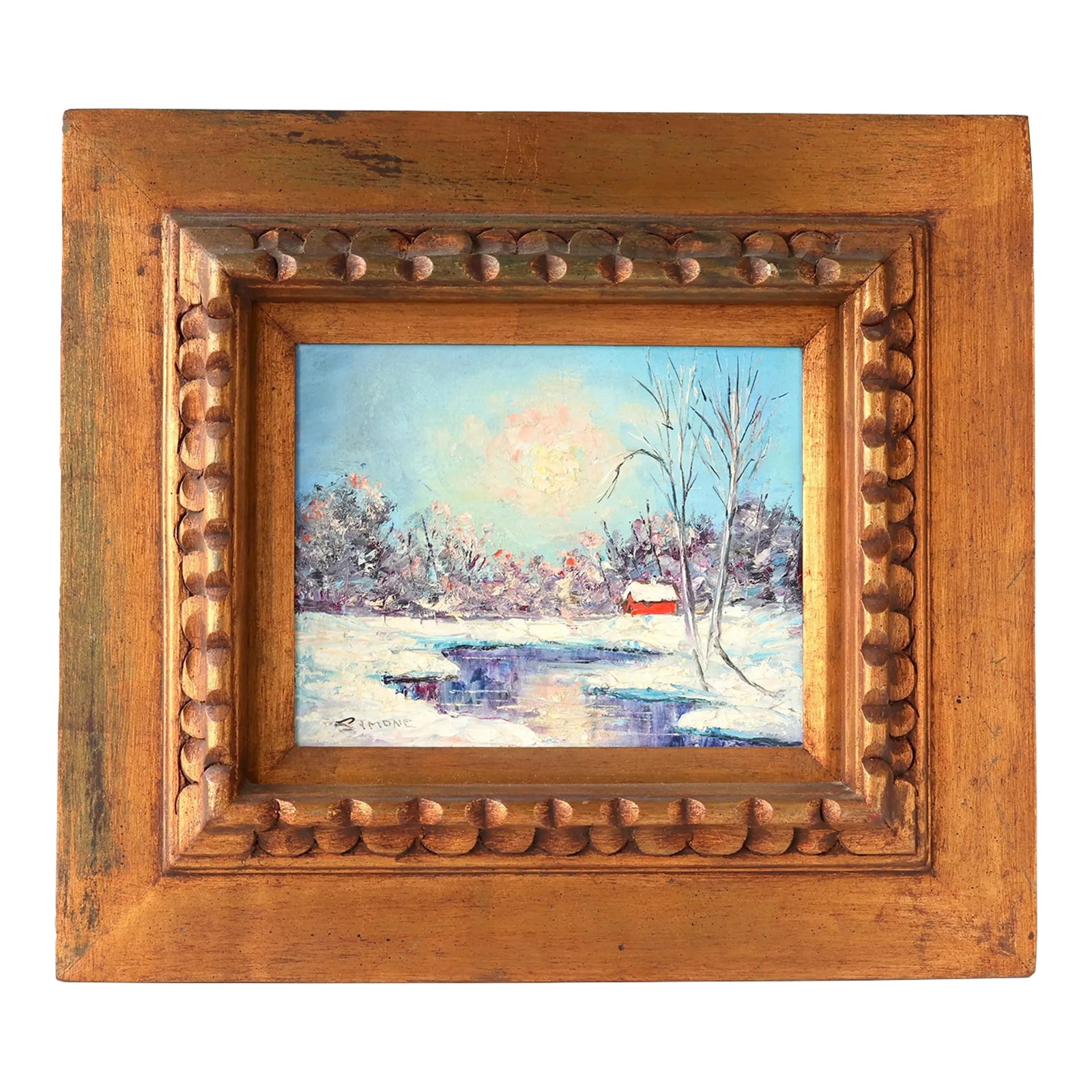 Midcentury Oil on Canvas, Winter Scene: Charming winter landscape oil painting signed P. Simone in the lower left. A red-roofed cabin stands near a frozen pond, framed by bare trees and snow-covered banks under a bright sky. Housed in a