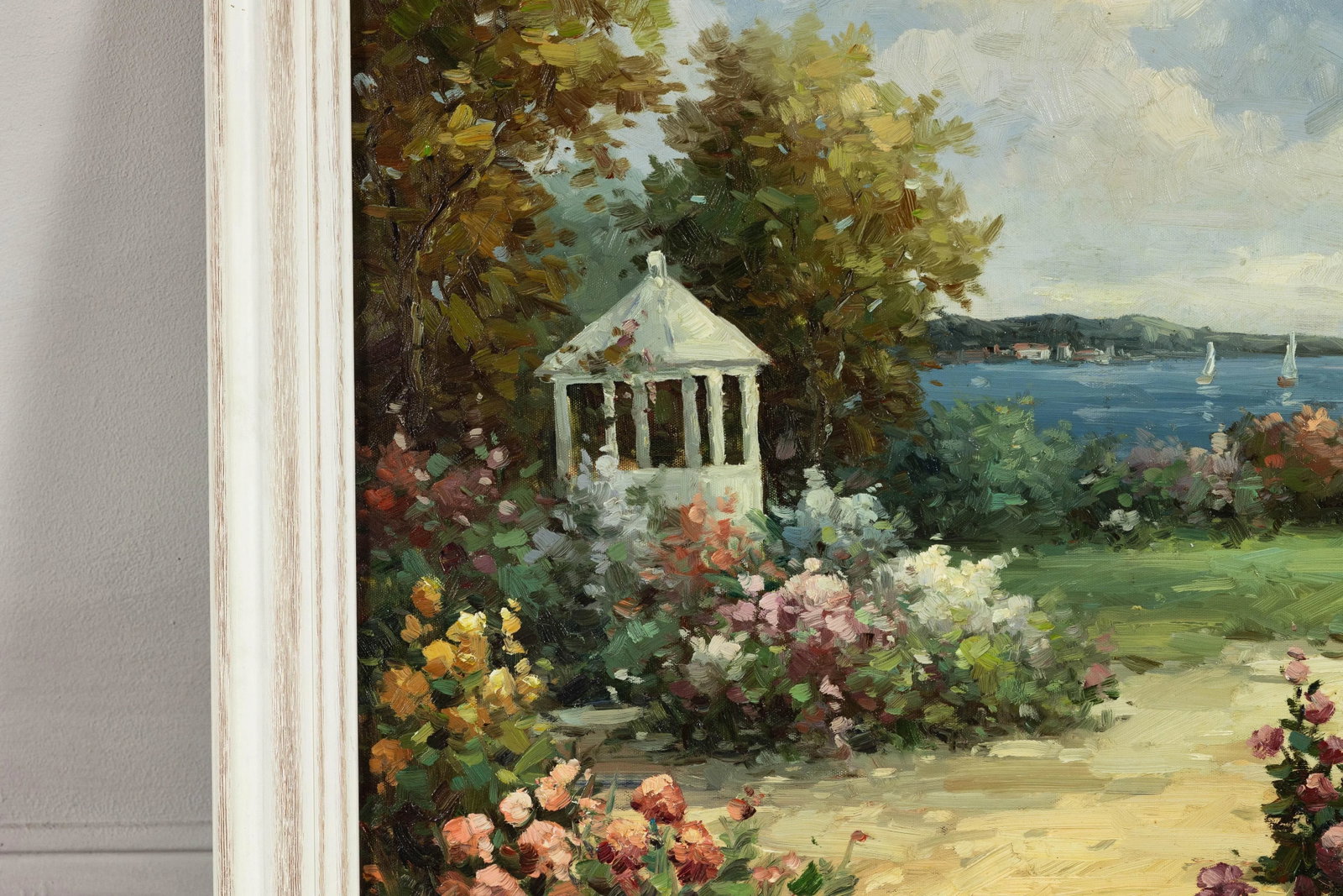 Impressionist Style Garden Painting with Gazebo and Waterfront, Signed R. Johns - 10