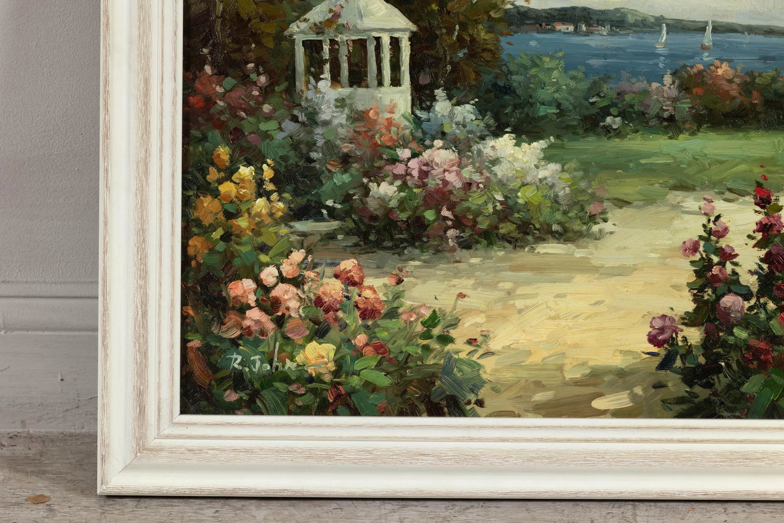 Impressionist Style Garden Painting with Gazebo and Waterfront, Signed R. Johns - 11