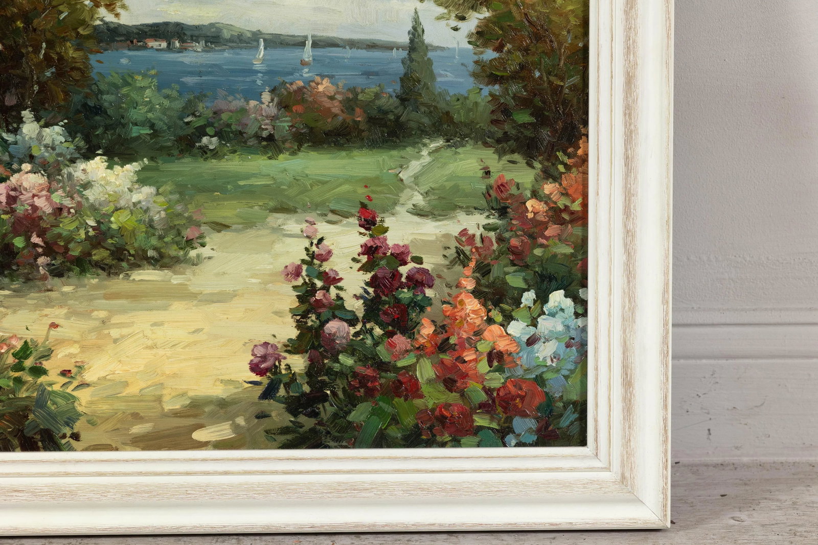 Impressionist Style Garden Painting with Gazebo and Waterfront, Signed R. Johns - 12