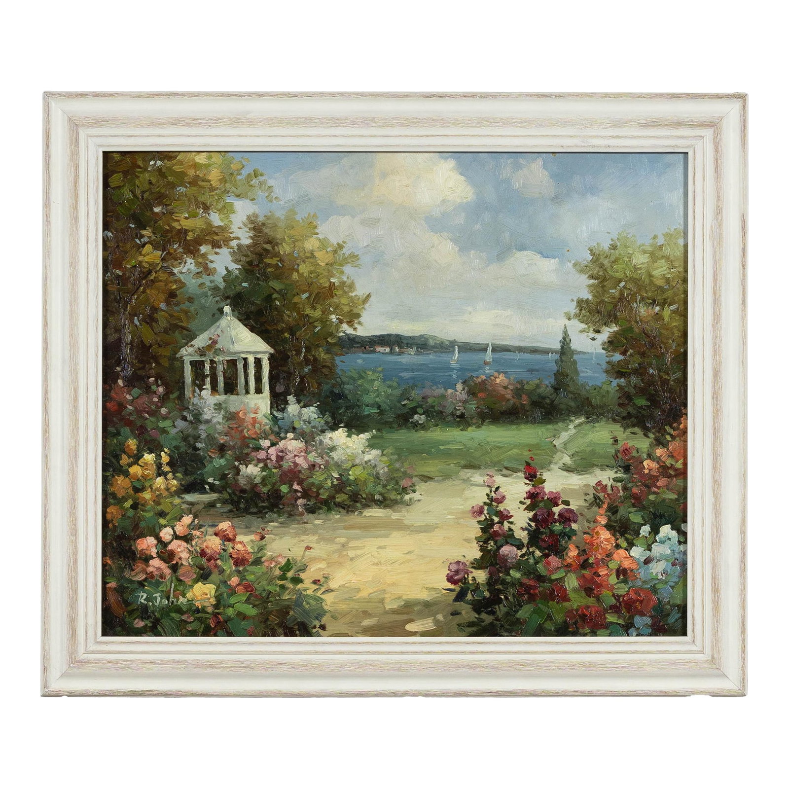 Impressionist Style Garden Painting with Gazebo and Waterfront, Signed R. Johns: This Impressionist-style painting, signed "R. Johns," captures the serene beauty of a lush garden retreat overlooking a tranquil waterfront. The scene is brought to life with expressive brushstrokes