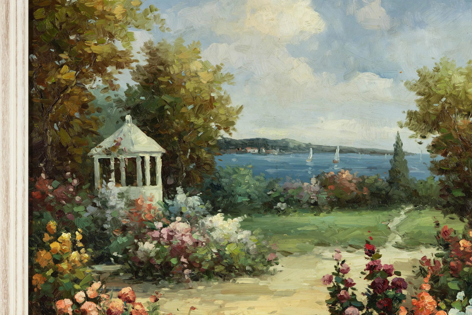 Impressionist Style Garden Painting with Gazebo and Waterfront, Signed R. Johns - 2