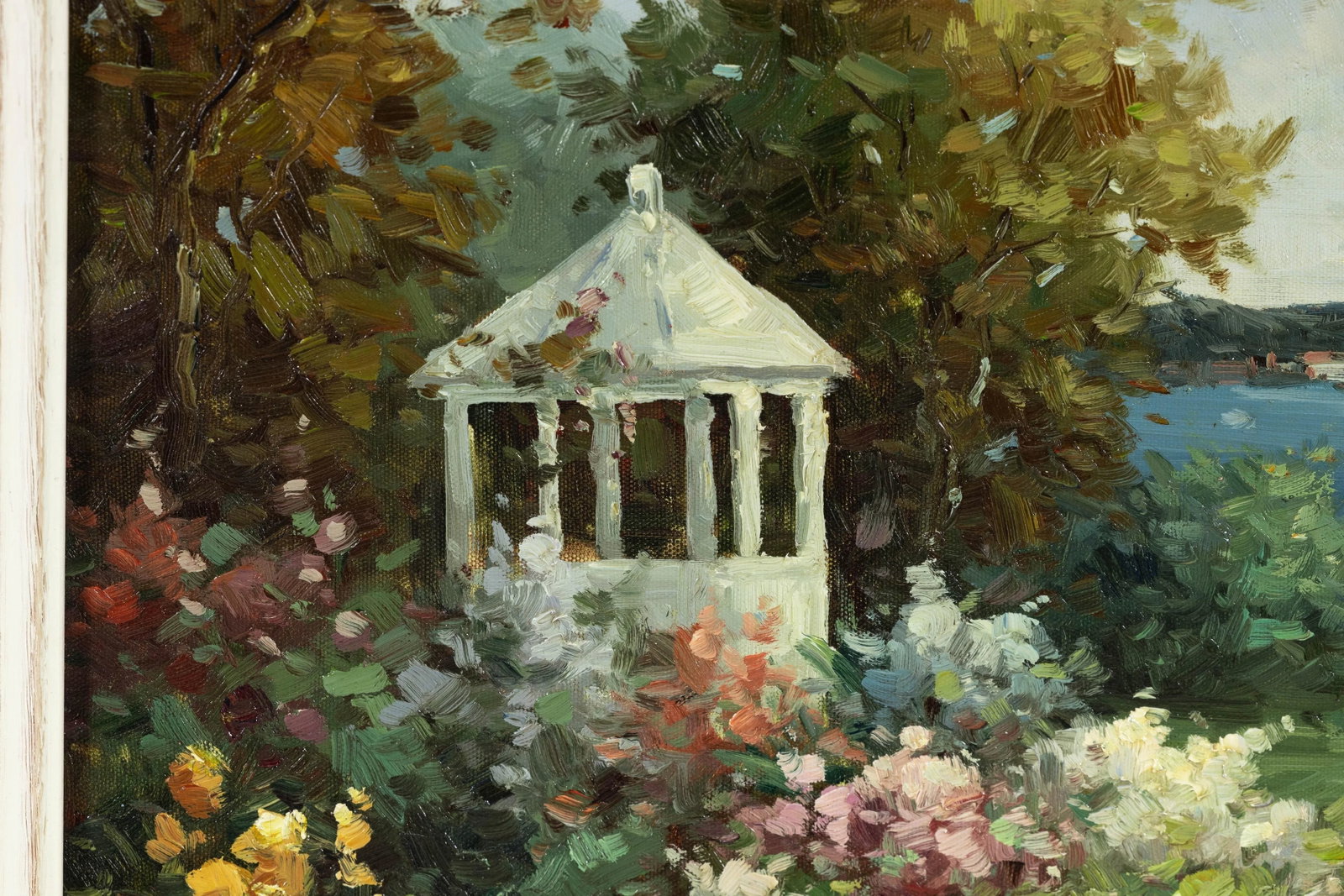 Impressionist Style Garden Painting with Gazebo and Waterfront, Signed R. Johns - 3
