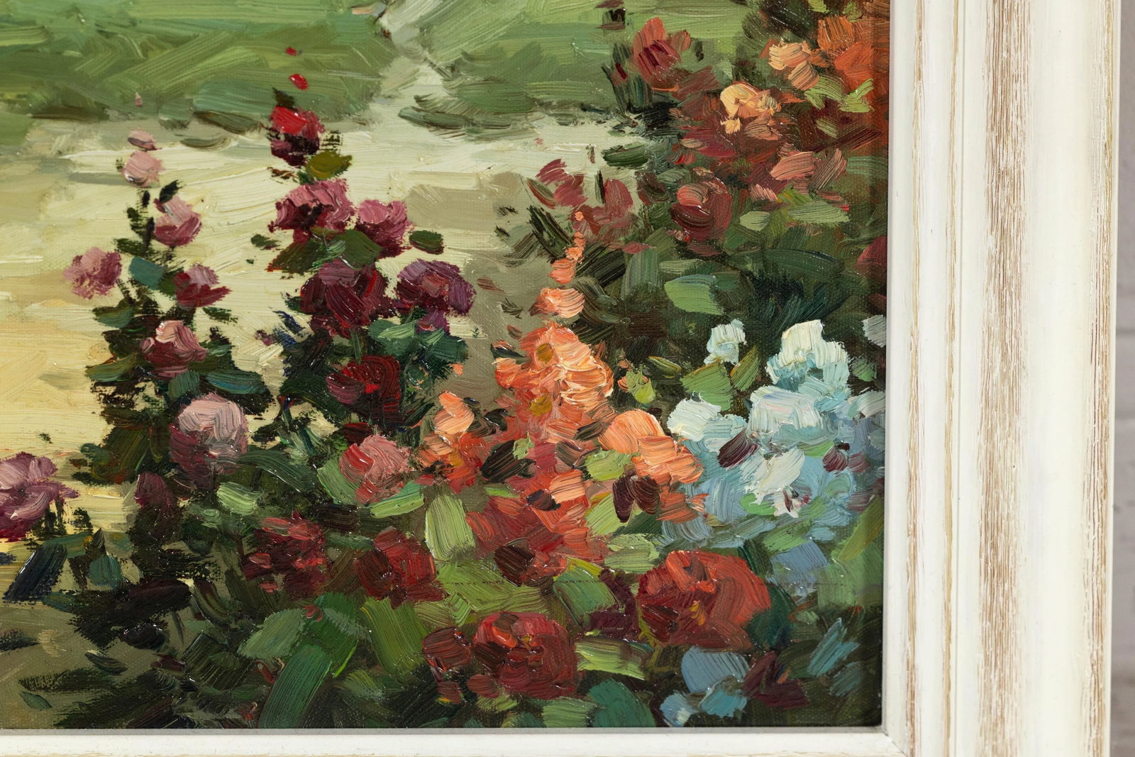 Impressionist Style Garden Painting with Gazebo and Waterfront, Signed R. Johns - 4
