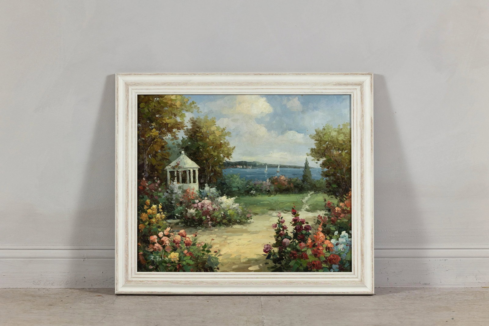Impressionist Style Garden Painting with Gazebo and Waterfront, Signed R. Johns - 5