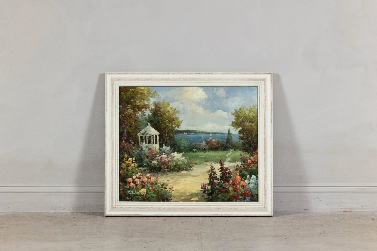 Impressionist Style Garden Painting with Gazebo and Waterfront, Signed R. Johns - 6