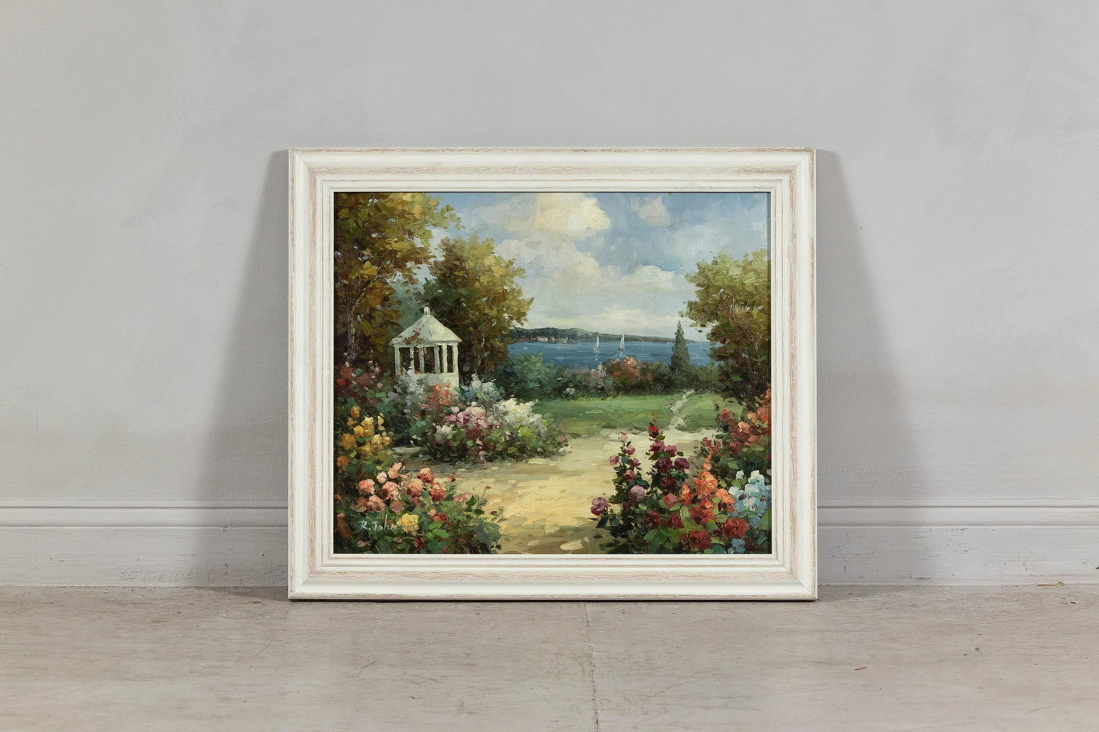 Impressionist Style Garden Painting with Gazebo and Waterfront, Signed R. Johns - 7