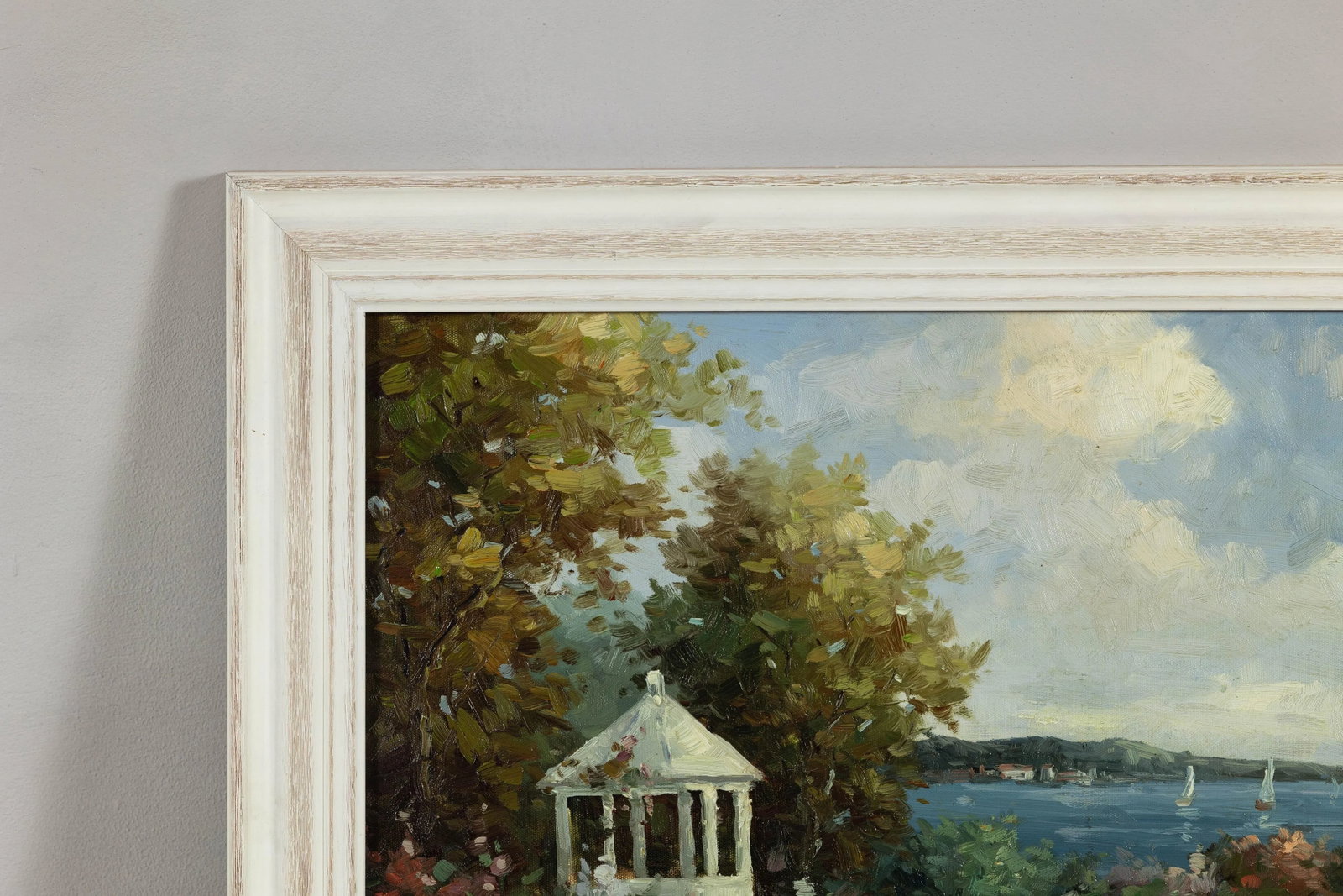 Impressionist Style Garden Painting with Gazebo and Waterfront, Signed R. Johns - 8