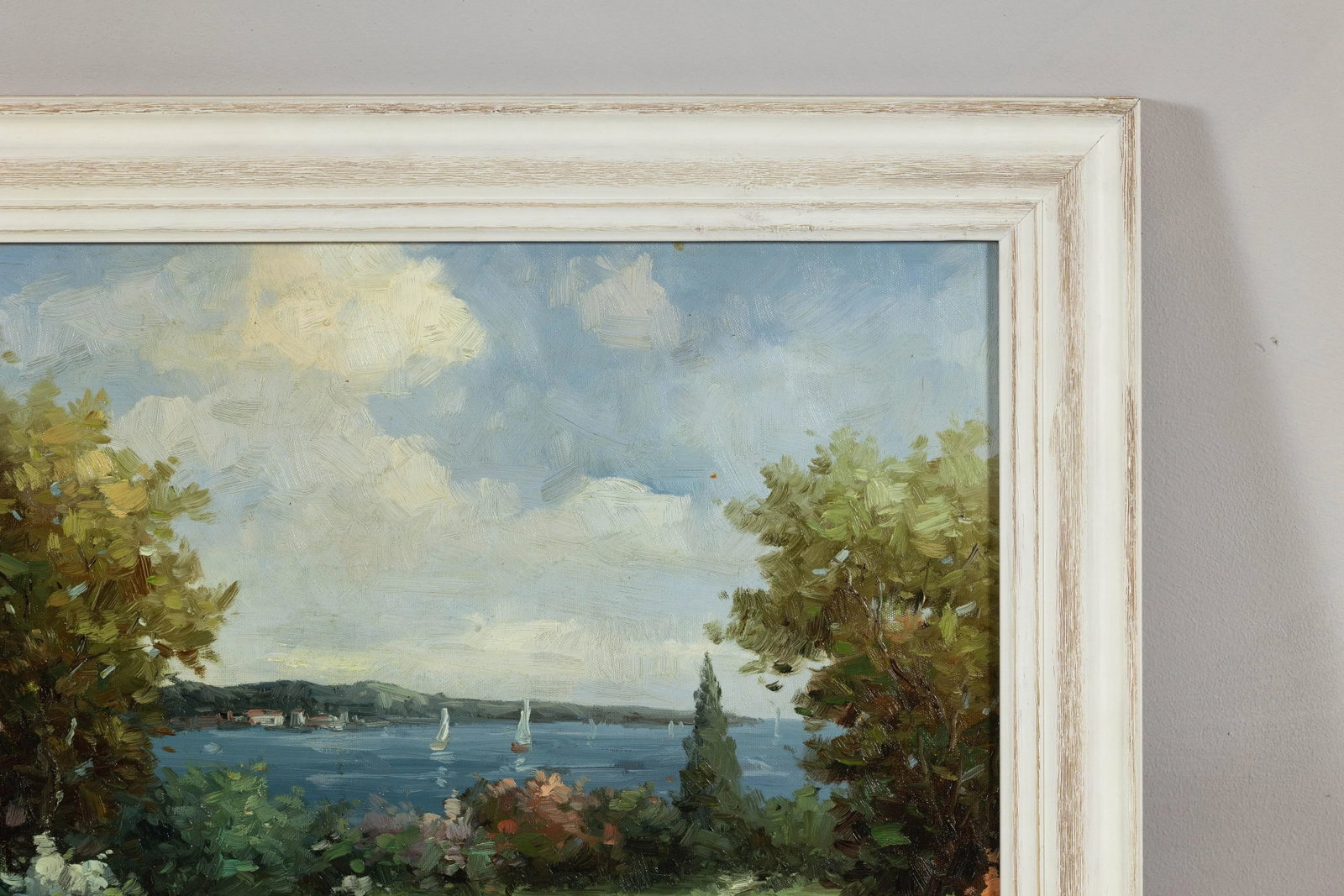 Impressionist Style Garden Painting with Gazebo and Waterfront, Signed R. Johns - 9