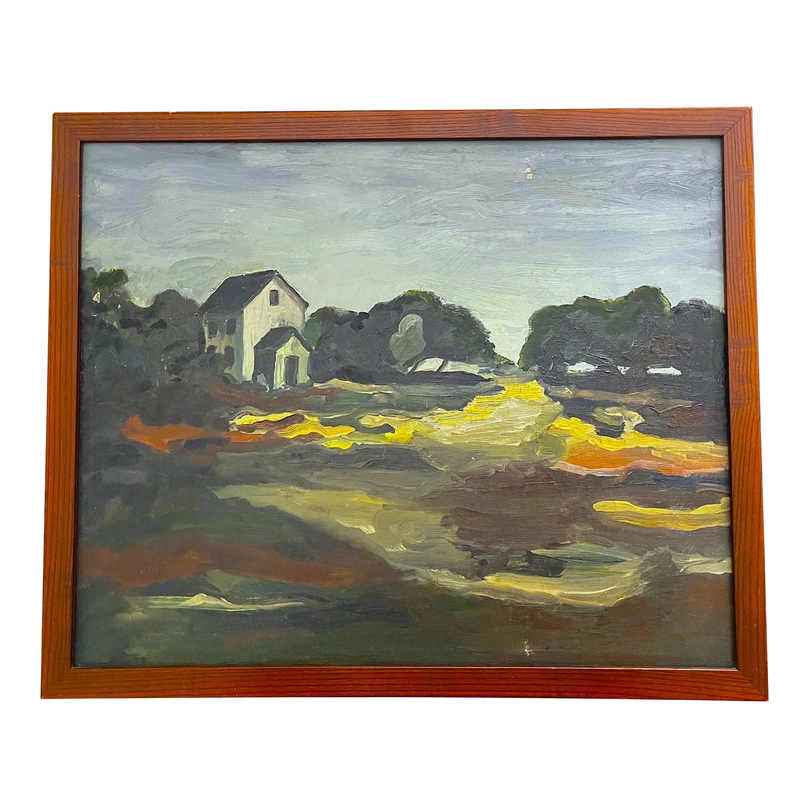 Mid 20th Century Vintage Mid-Century Expressionist Landscape Painting Signed G. Bronson, Framed: Moody, modern, and richly expressive-this vintage oil painting captures a quiet country scene with bold brushwork and glowing swaths of color. Painted in the mid-20th century, the composition features