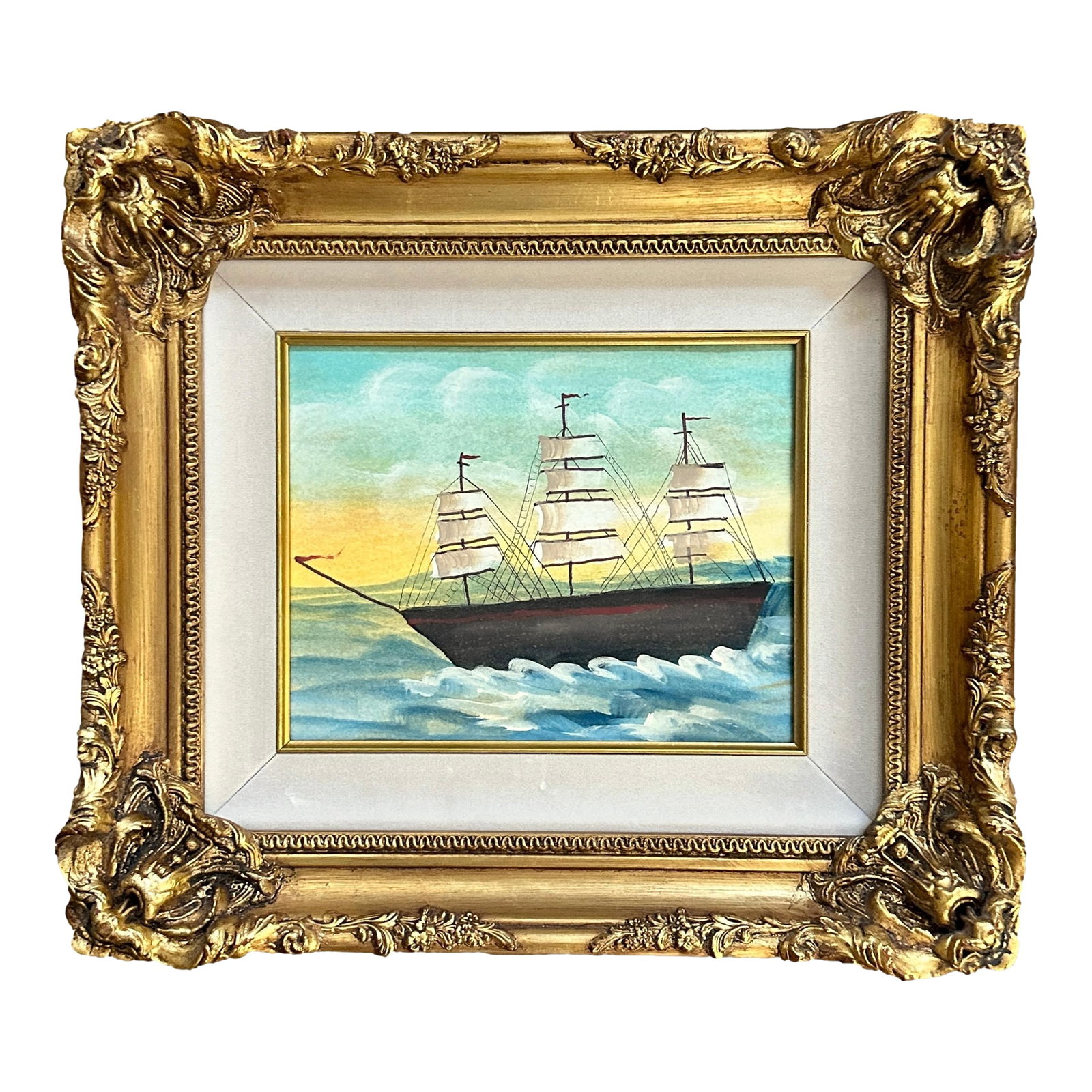 Folk Art Clipper Ship Watercolor: A stunning Folk Art painting of a sailing ship cutting through the waves, set against a serene sky in soft pastel tones. The bold lines and vibrant details evoke the spirit of nautical adventure and c
