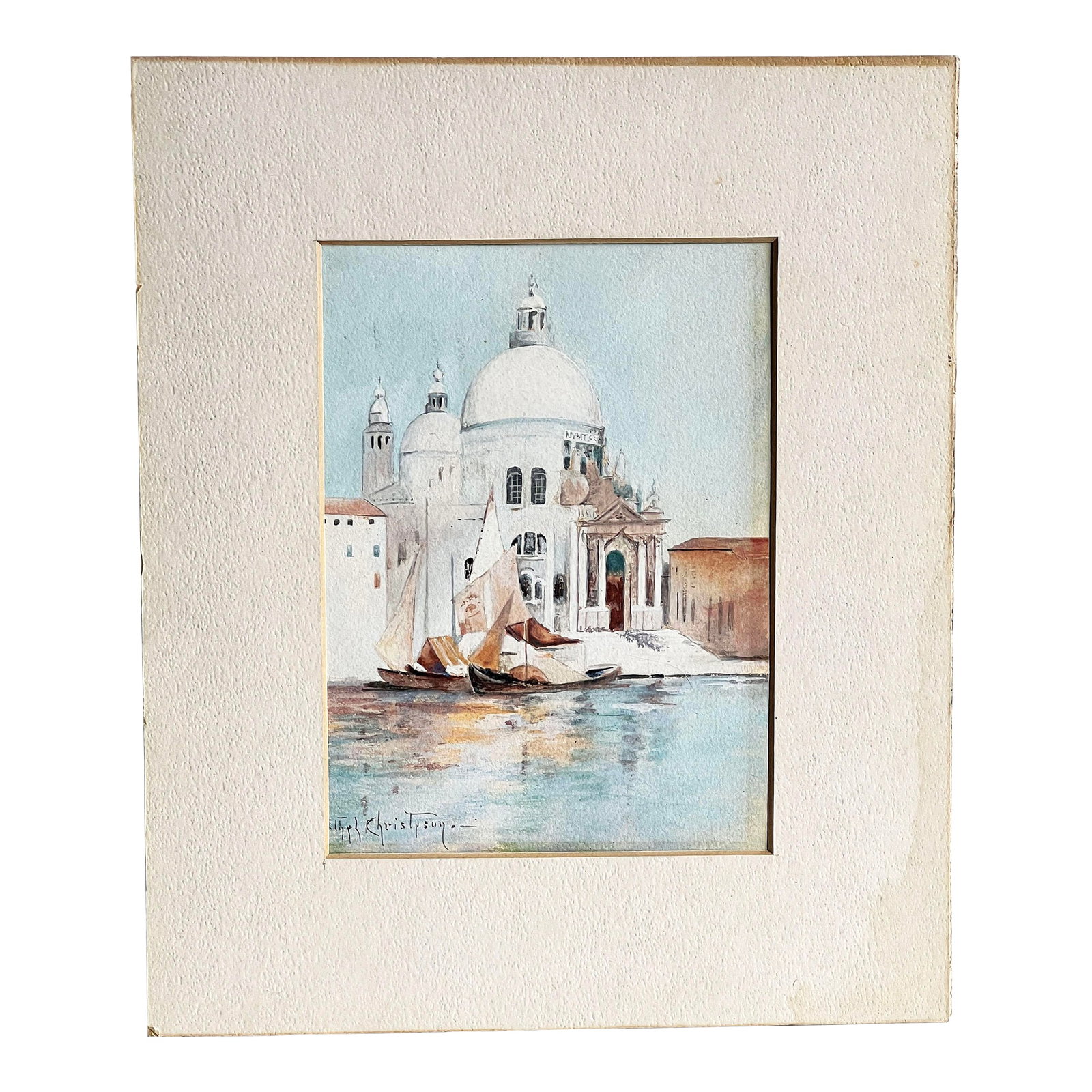 Antique Venetian Scene Watercolor Painting by Ethel Christison: Delicate and beautifully serene, this antique watercolor painting by Ethel Christison gracefully captures the romantic charm of Venice. Rendered with a subtle, masterful touch, the painting depicts