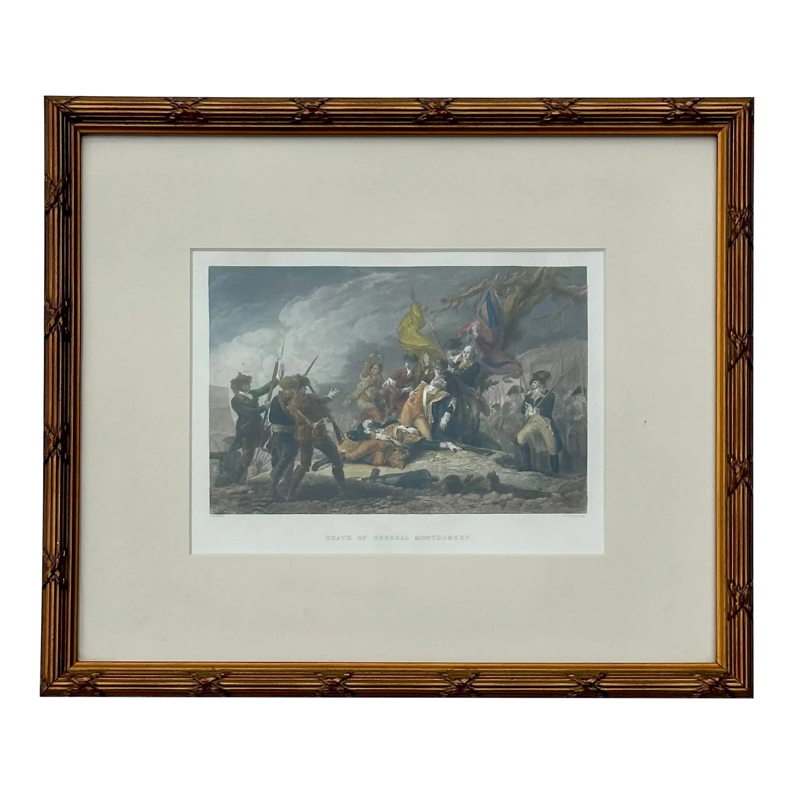 Death of General Montgomery During Revolutionary War, Original Framed Print, 1854: Original hand-colored steel engraving after Trumbull, c. 1854. The image depicts the tragic death of American General Richard Montgomery during the Battle of Quebec on December 31, 1775. Custom framed