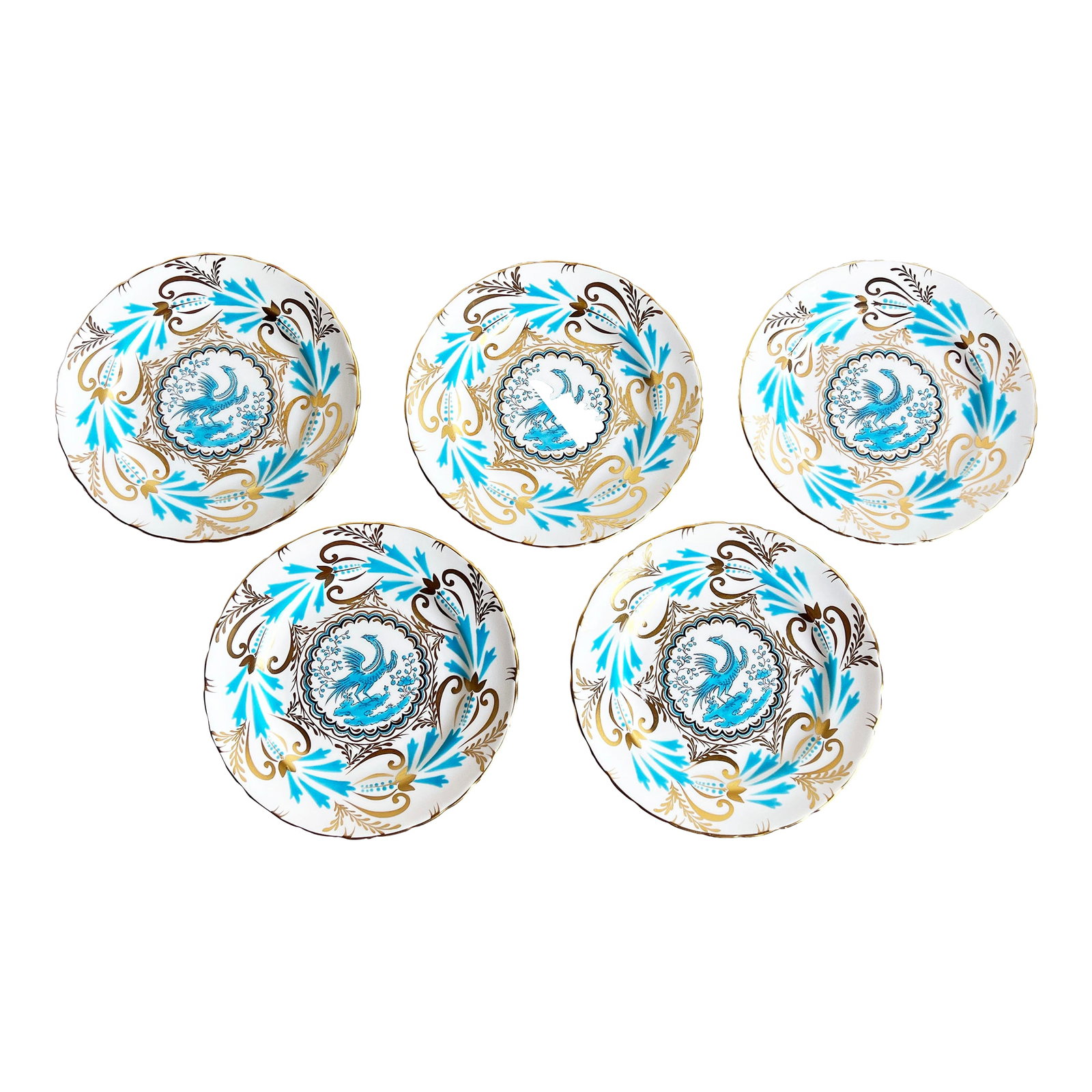 Vintage Royal Chelsea English Turquoise & Gold Birds of Paradise Lunch or Dessert Plates - Set of 5: A striking set of five 8-inch dessert or salad plates by Royal Chelsea, featuring a richly detailed turquoise and gold phoenix bird motif against crisp white English bone china. The vibrant turquoise