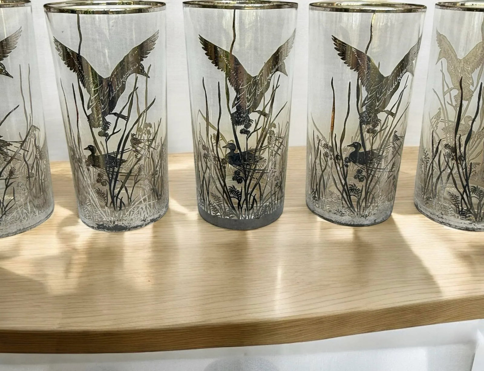 Mid 20th Century Barware Rockwell Silver Glass Ducks & Reeds Sterling Silver Overlay Set of 25 With - 11