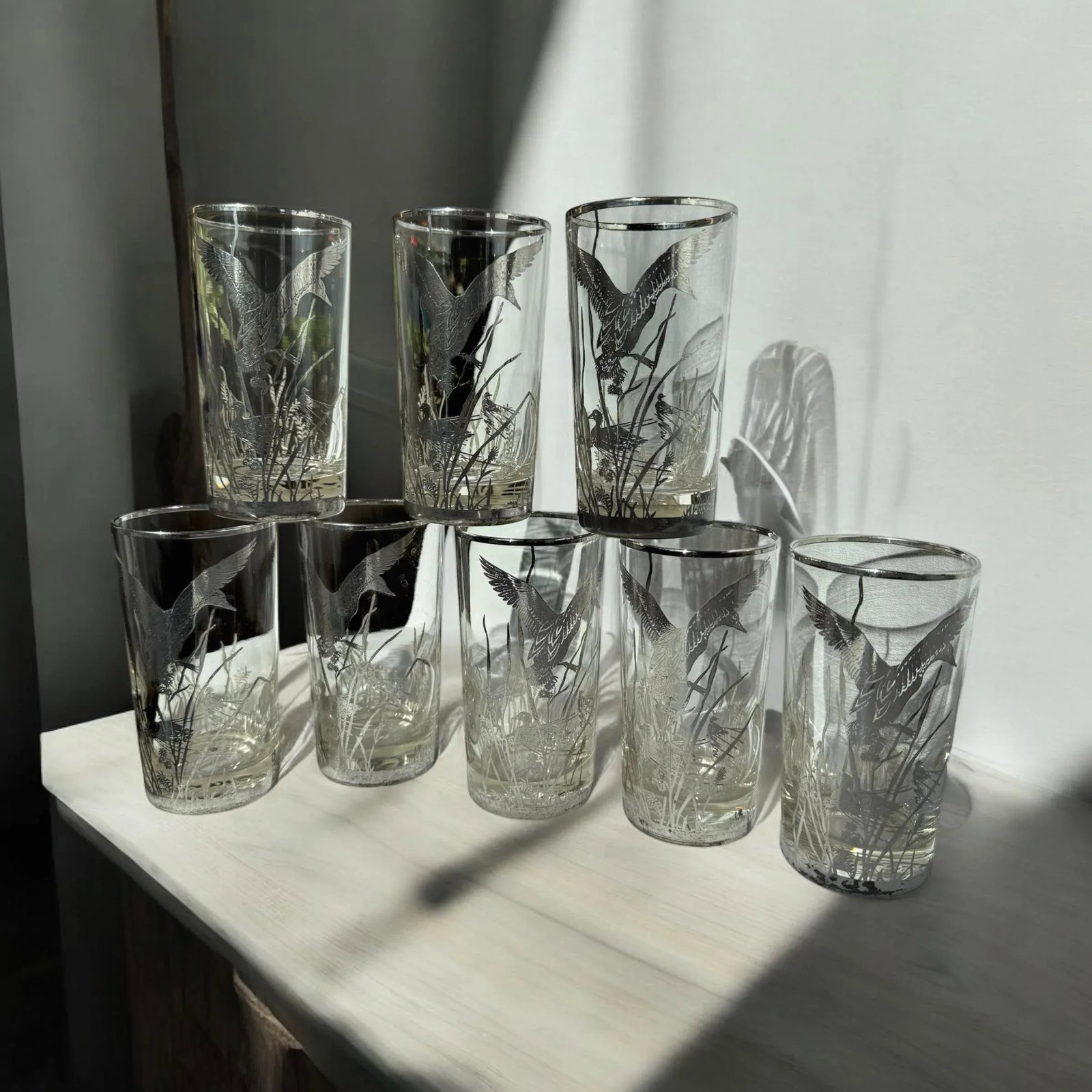 Mid 20th Century Barware Rockwell Silver Glass Ducks & Reeds Sterling Silver Overlay Set of 25 With - 3