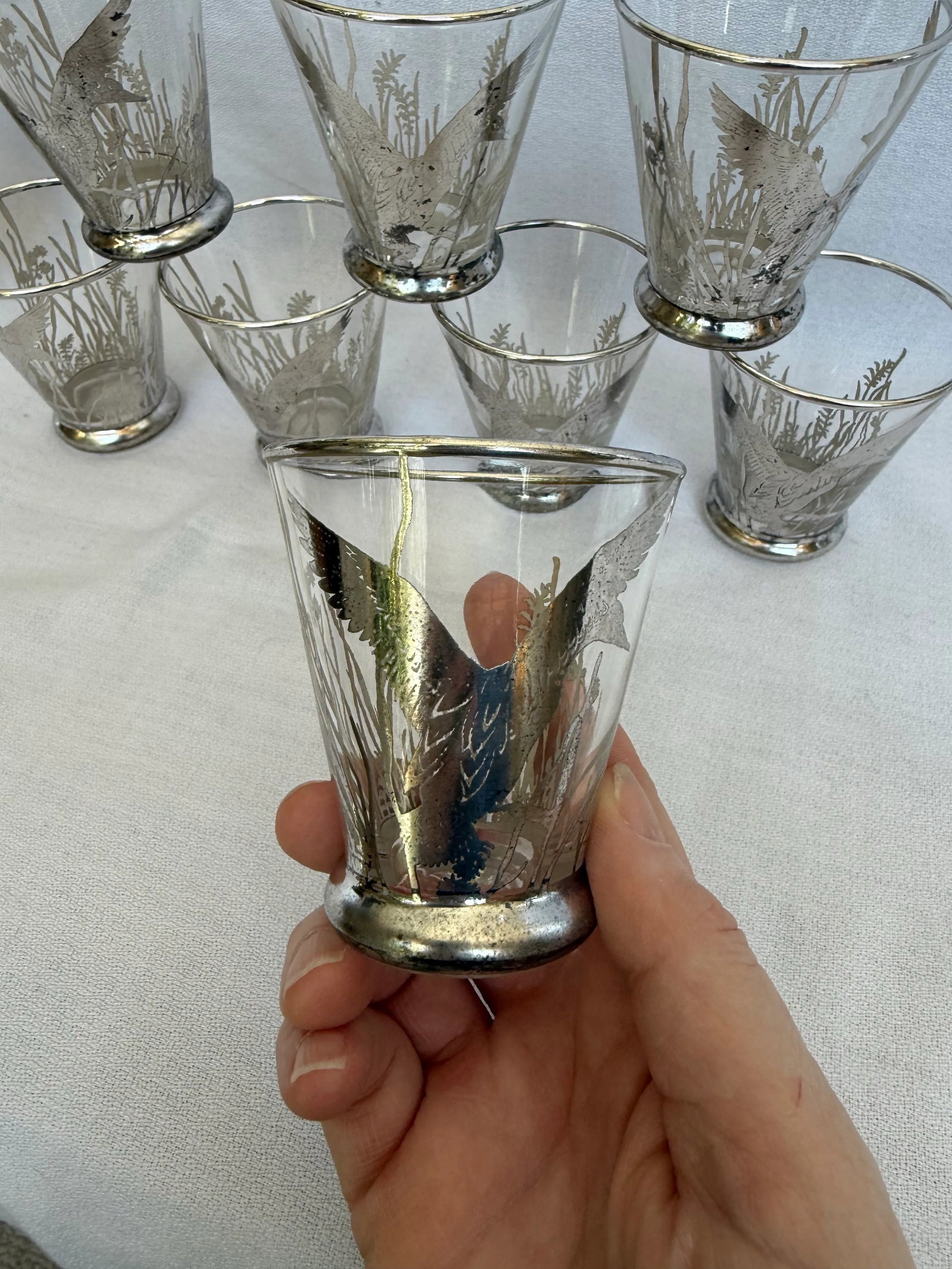 Mid 20th Century Barware Rockwell Silver Glass Ducks & Reeds Sterling Silver Overlay Set of 25 With - 4
