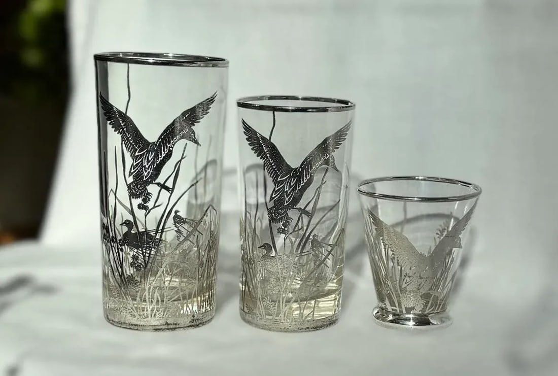 Mid 20th Century Barware Rockwell Silver Glass Ducks & Reeds Sterling Silver Overlay Set of 25 With - 8
