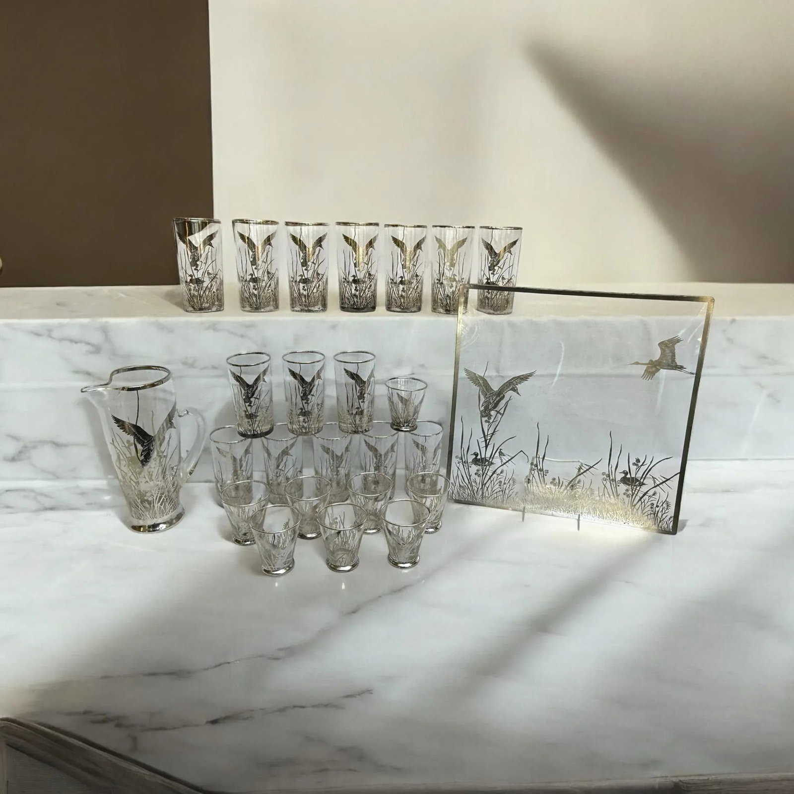 Mid 20th Century Barware Rockwell Silver Glass Ducks & Reeds Sterling Silver Overlay Set of 25 With - 9