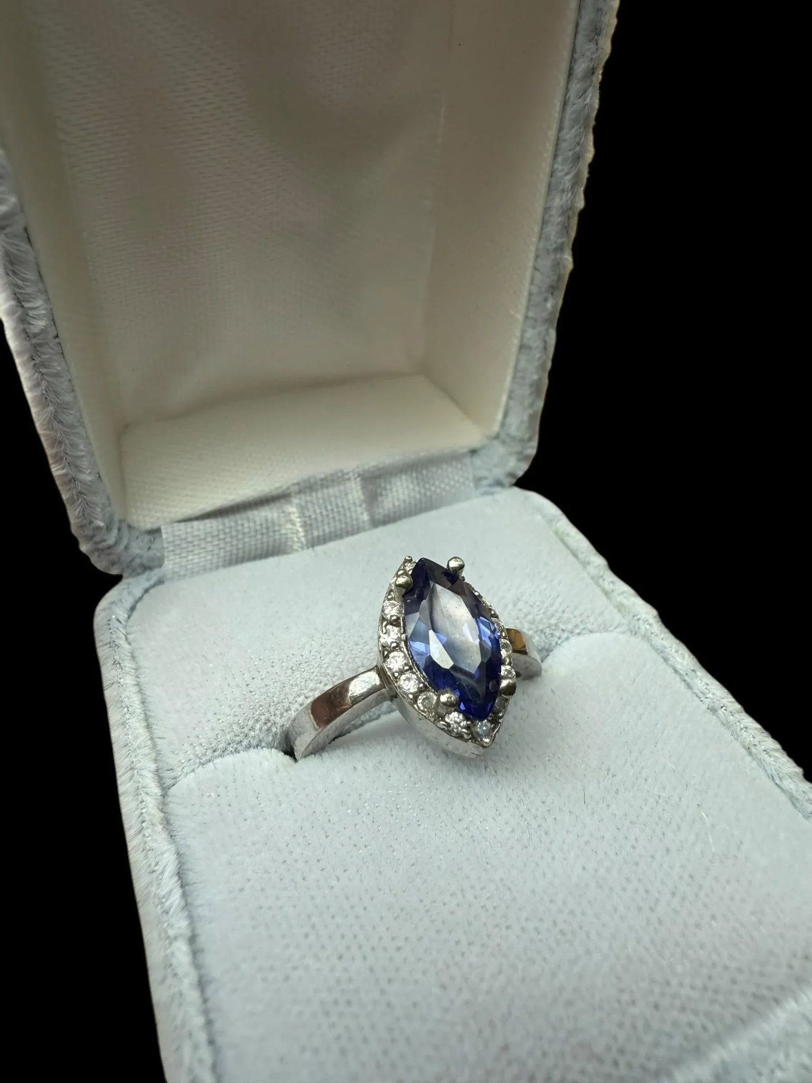 Tanzanite Marquis Cut Sterling Silver Cocktail Ring Cz Accents, Size 6.75 - 2