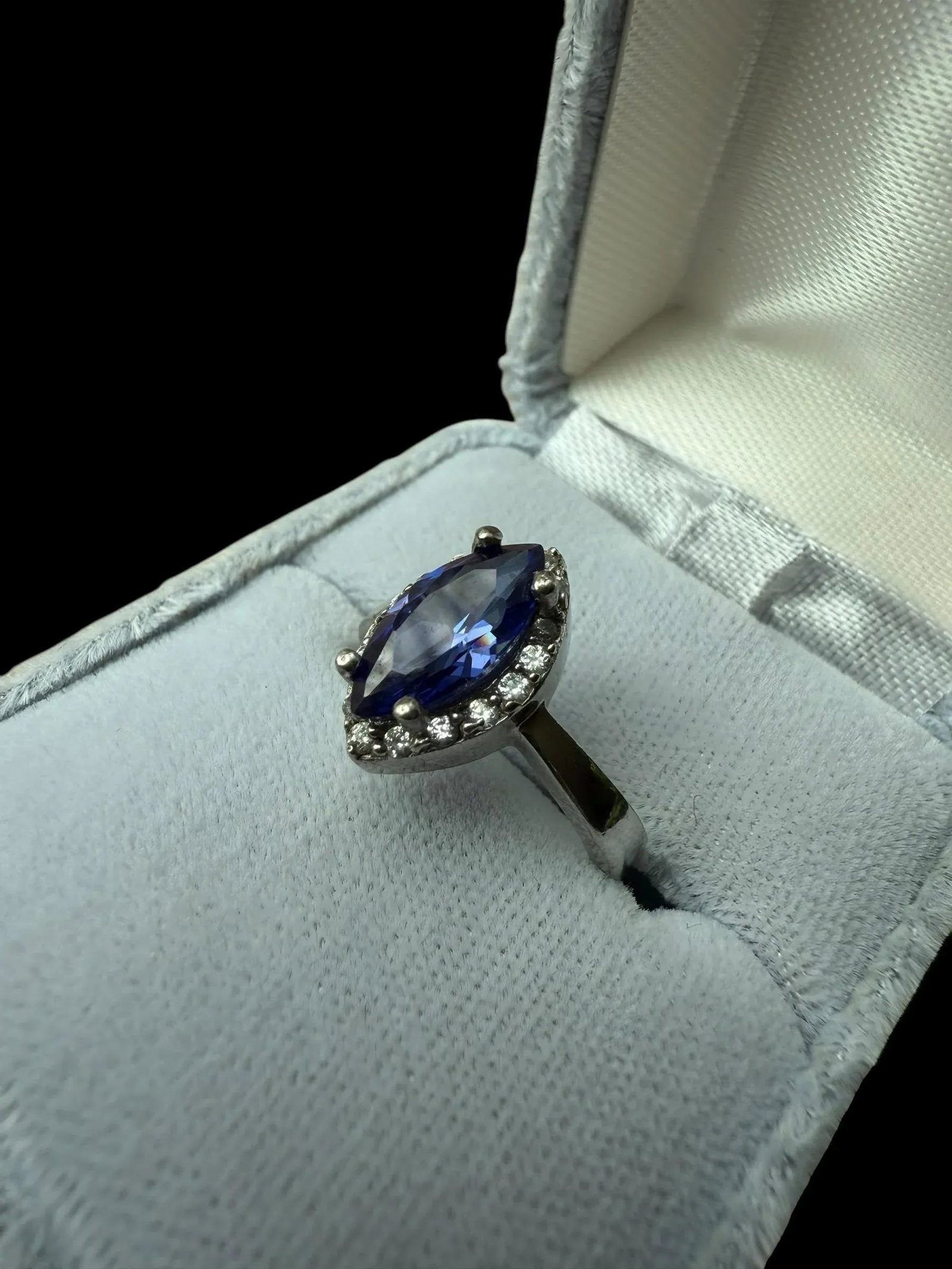 Tanzanite Marquis Cut Sterling Silver Cocktail Ring Cz Accents, Size 6.75 - 6