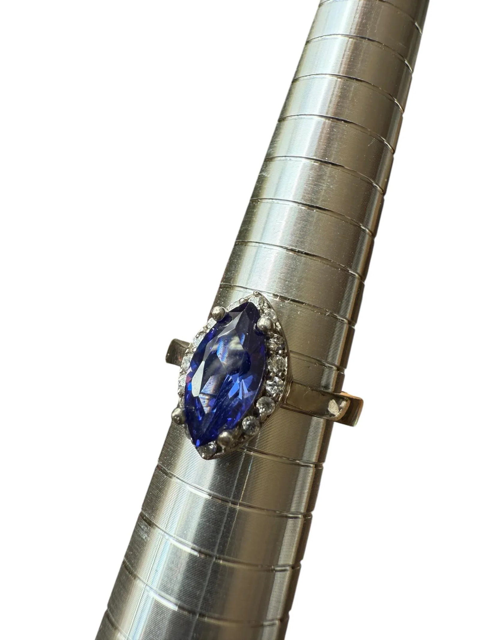 Tanzanite Marquis Cut Sterling Silver Cocktail Ring Cz Accents, Size 6.75 - 7