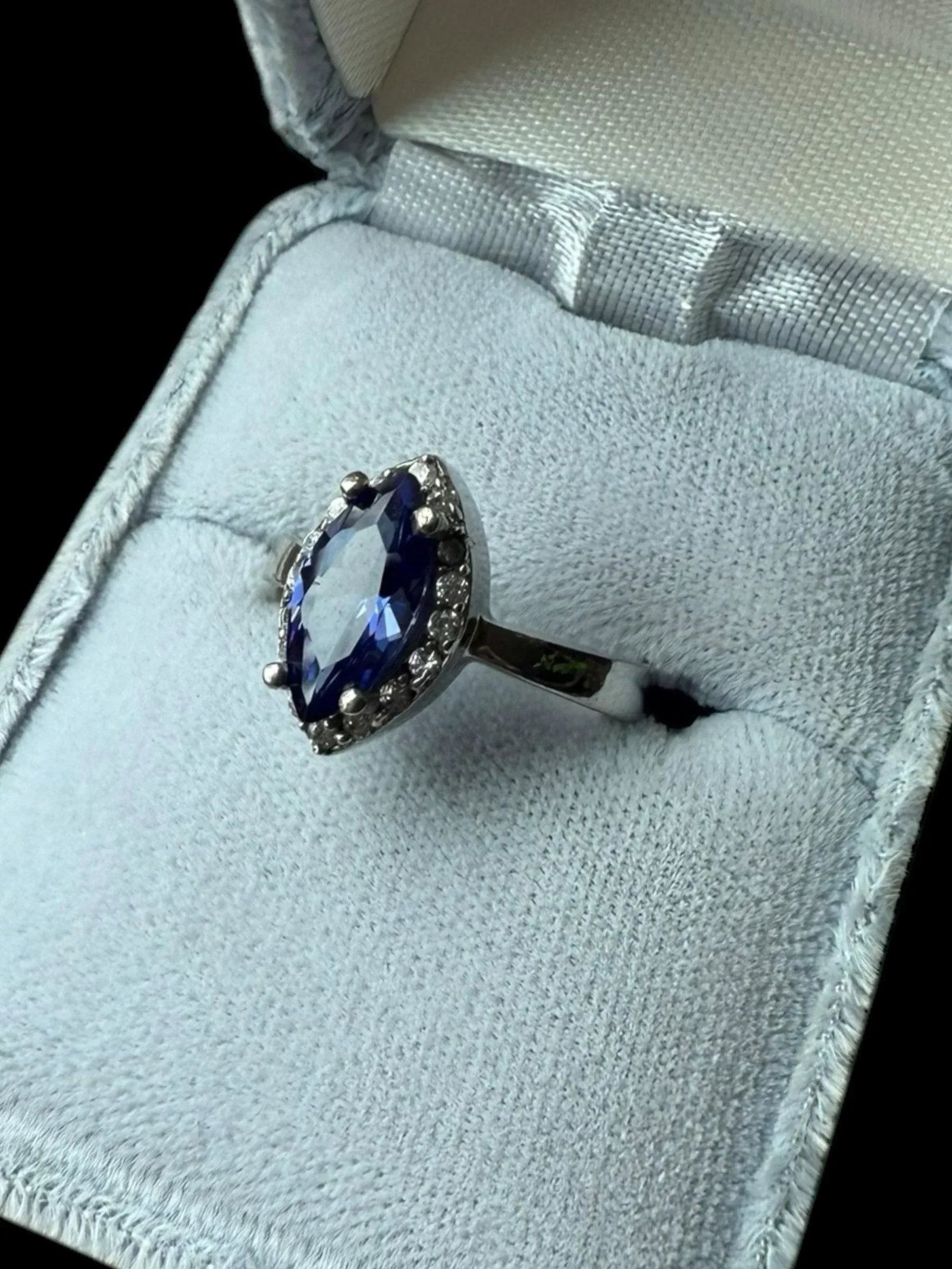 Tanzanite Marquis Cut Sterling Silver Cocktail Ring Cz Accents, Size 6.75 - 8
