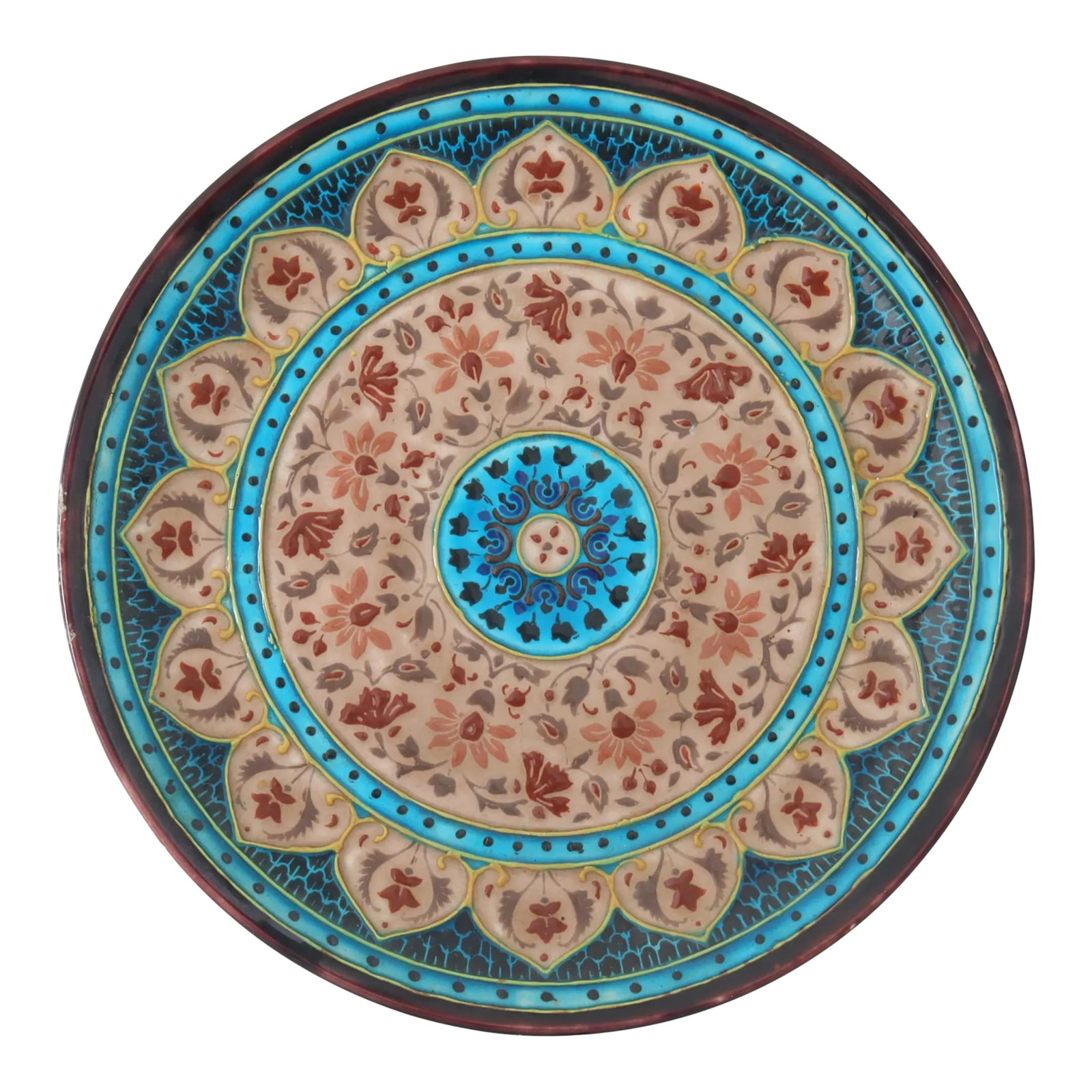 Art Deco French Jules Vieillard Plate: Stunning antique French Jules Vieillard plate featuring intricate hand-painted floral and geometric patterns in vibrant turquoise, blue, and earthy tones. This rare piece showcases the craftsmanship o