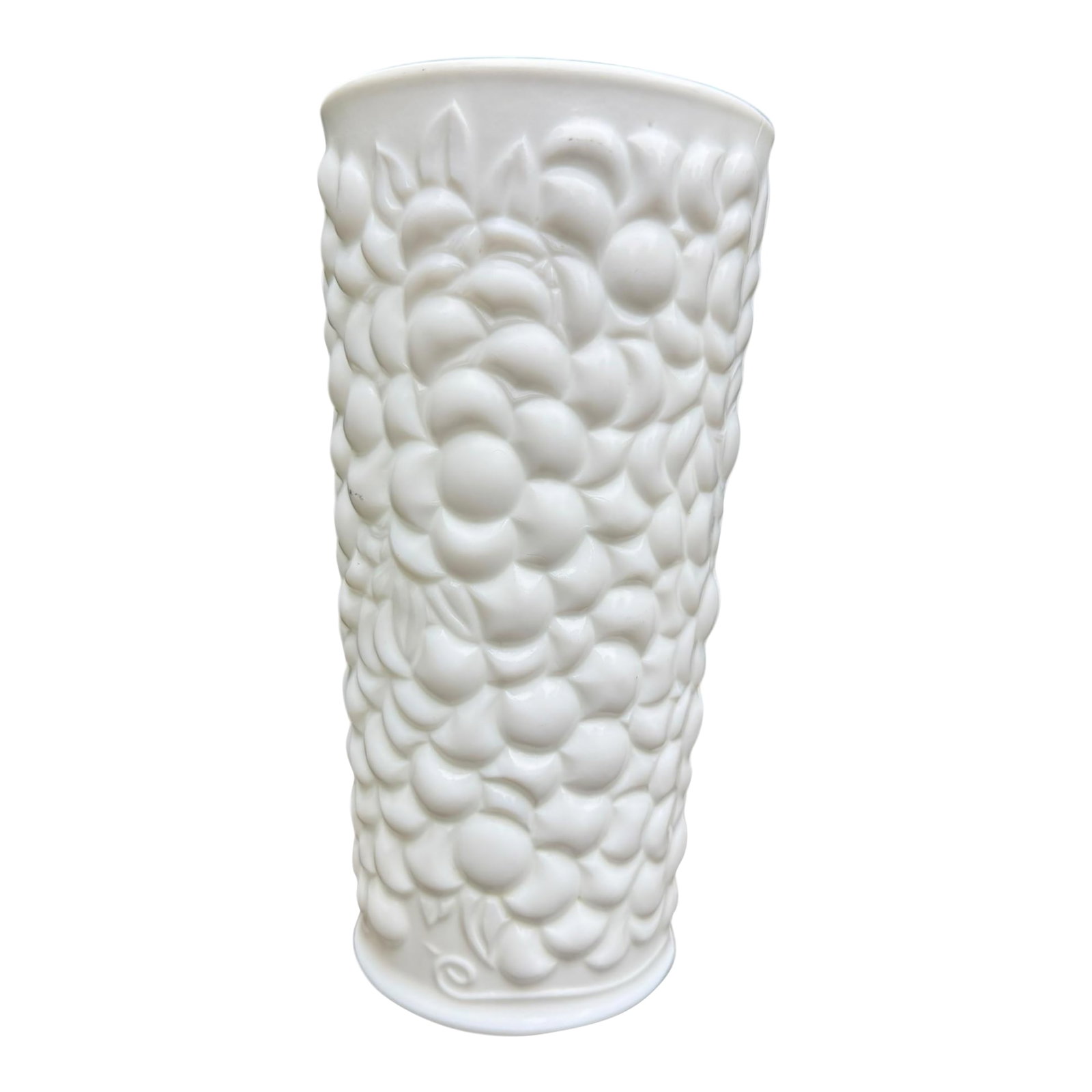 Vintage Grape Botanical Textured Milk White Glass Vase: Vintage white embossed bouquet vase with grape and leaves design. Indiana Glass Co. 1960-70's Measures 7 1/2" Tall X 3 3/4" Across Top. Excellent Condition Please visit and see all our items by