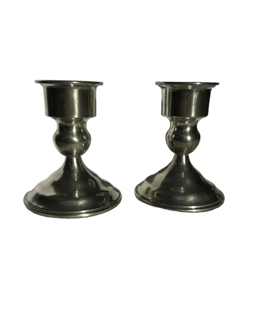 1950s Pewter Candle Holder Glass Hurricane Globes- Set of 2 - 3