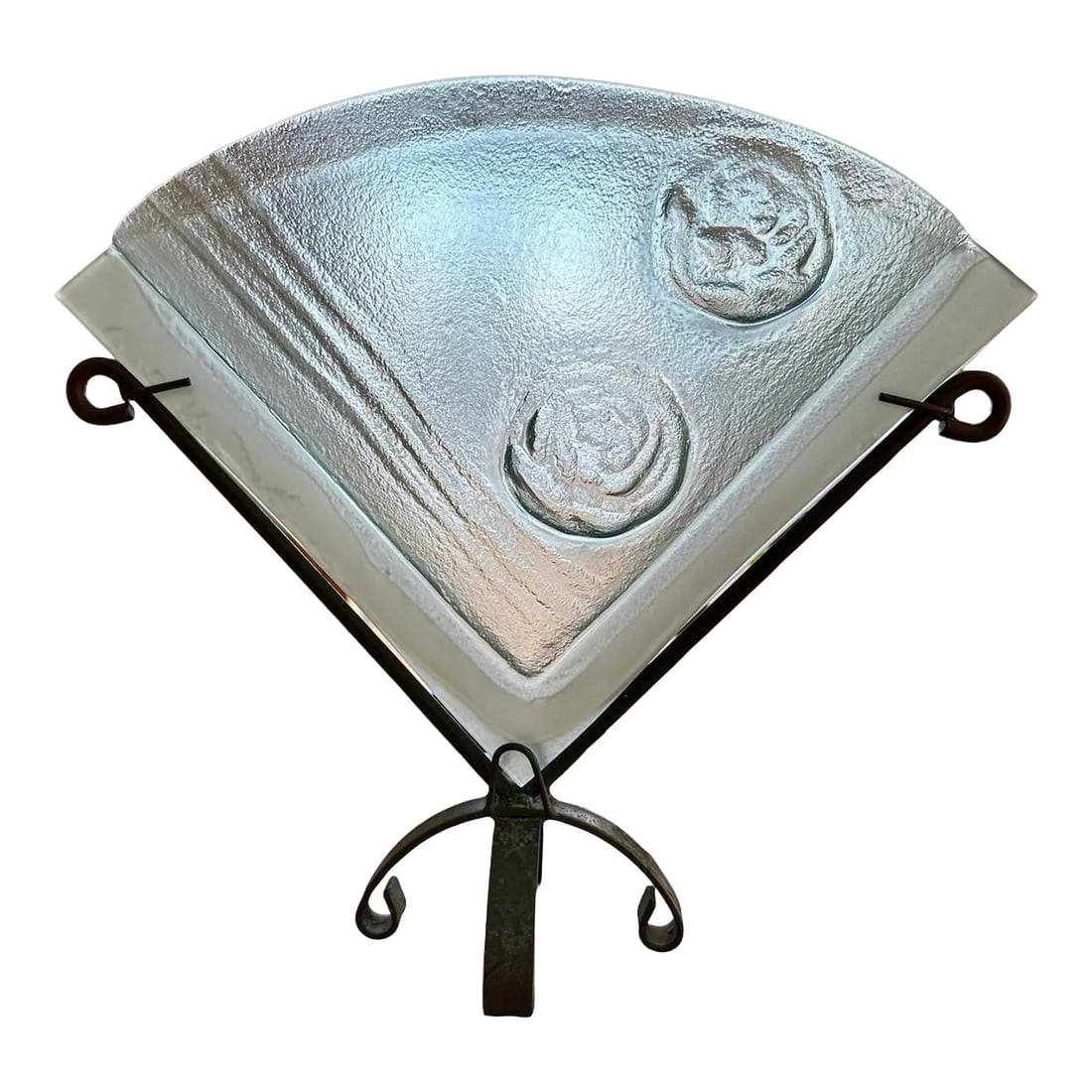 Studio Art Glass Fan Vase Wrought Iron Stand: Studio Art Glass Vase-Wisconsin Circa 2000-2010. This art glass vase is slumped glass style where the sheet of glass is placed on top of a hand designed form and put in the kiln. The glass slumps as