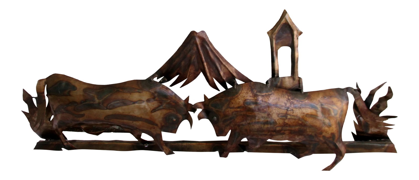 Vintage Burnished Brass Fighting Bulls Wall Sculpture: Vintage Burnished Brass 33.5" Long Fighting Bulls Wall Sculpture Measures 33.5" long, 14" high and 3" deep. Condition: Alterations: Original Condition Unaltered Imperfections: Some Imperfections
