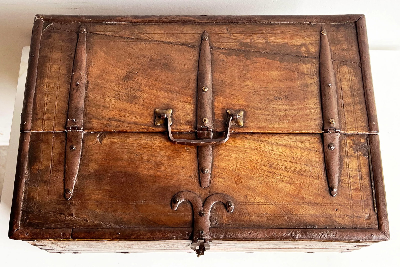 Antique 18th C. Indian Teak 18" Dowry Chest / Box With Iron Strapping and Brass Detailing - 3