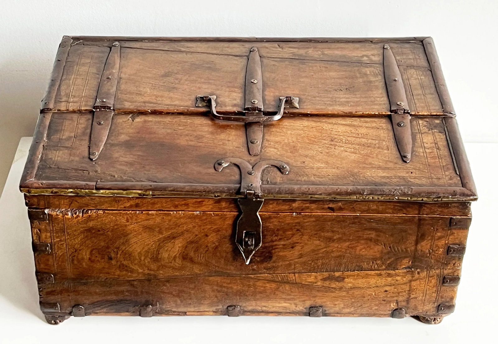 Antique 18th C. Indian Teak 18" Dowry Chest / Box With Iron Strapping and Brass Detailing - 5