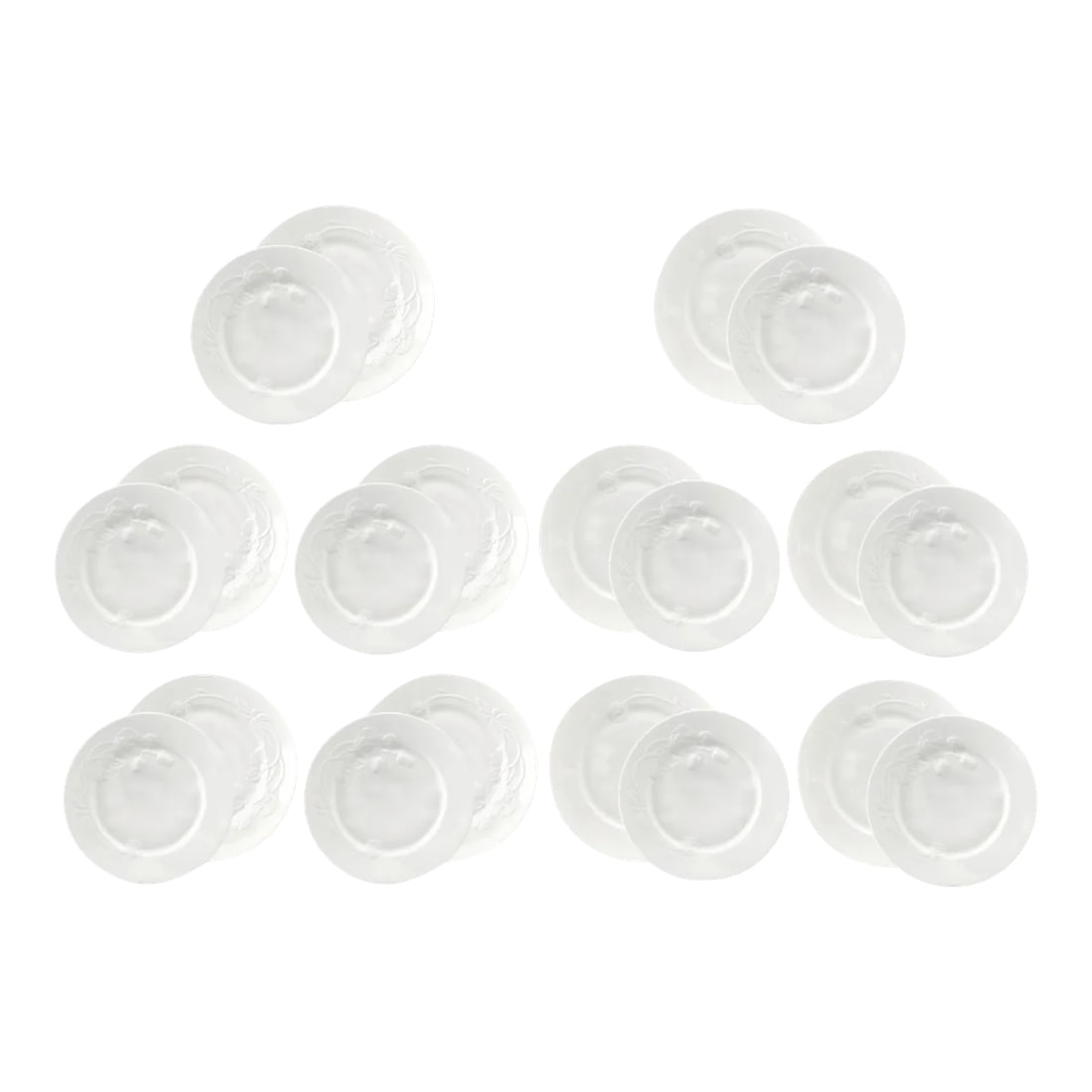 Perrier-Jouet Limoges Dinnerware, 22 pcs: Elegant 22-piece white porcelain dinnerware set by Haviland Limoges for the Champagne house of Perrier-Jouet. It is a very rare pattern featuring a refined raised pattern mimicking their long stem