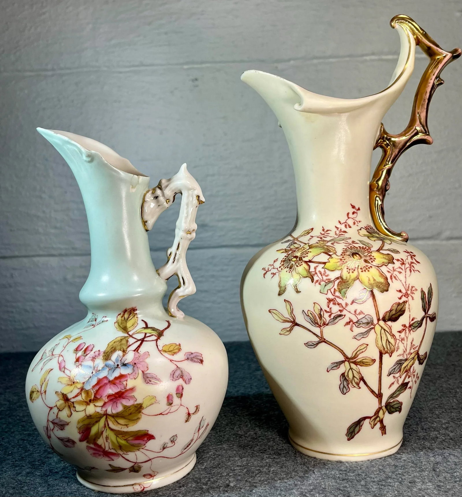 Late 19th Century Hand Painted Porcelain Ewers With Gilded Handles- 2 Pieces - 2