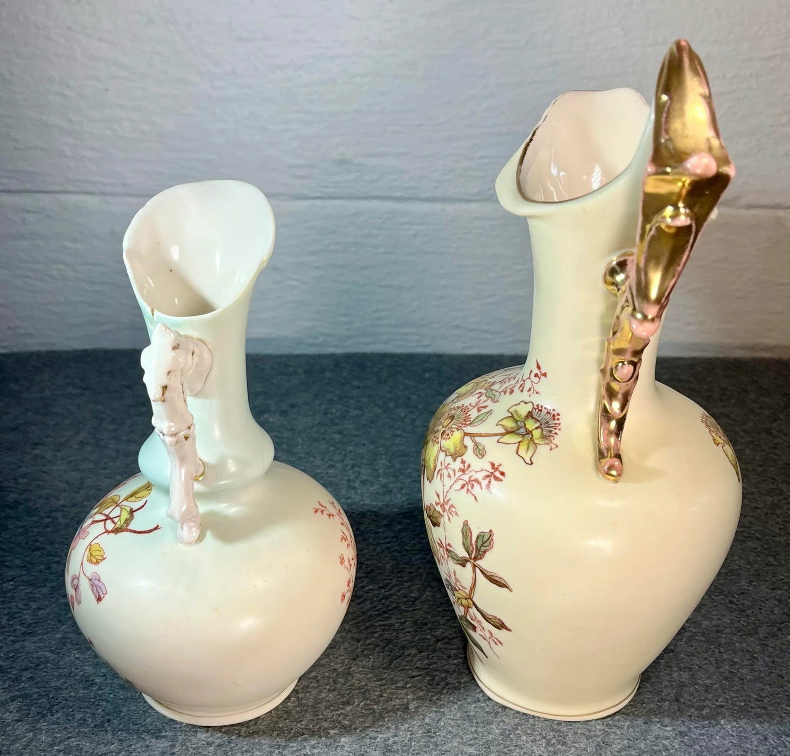 Late 19th Century Hand Painted Porcelain Ewers With Gilded Handles- 2 Pieces - 3
