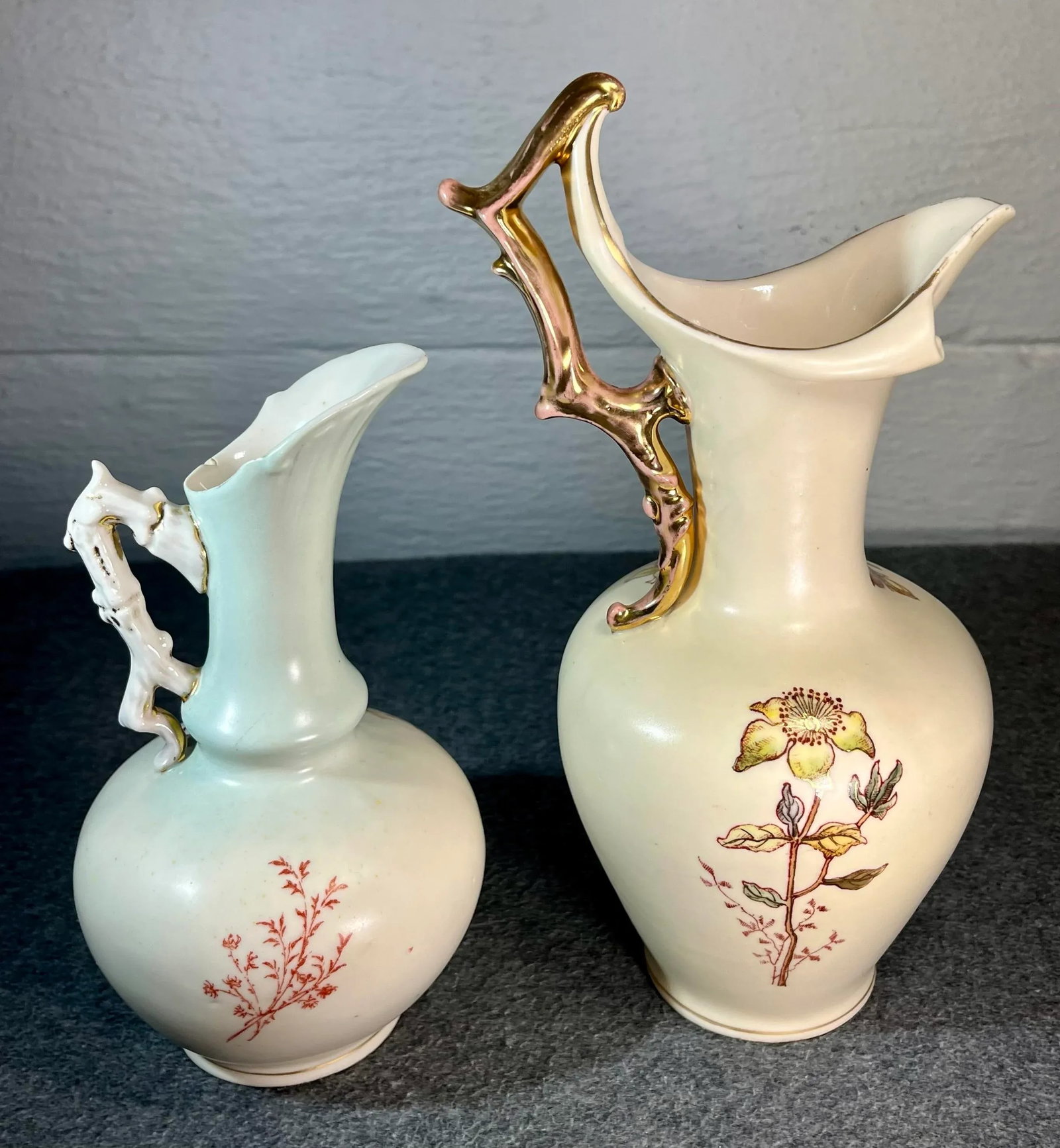 Late 19th Century Hand Painted Porcelain Ewers With Gilded Handles- 2 Pieces - 4