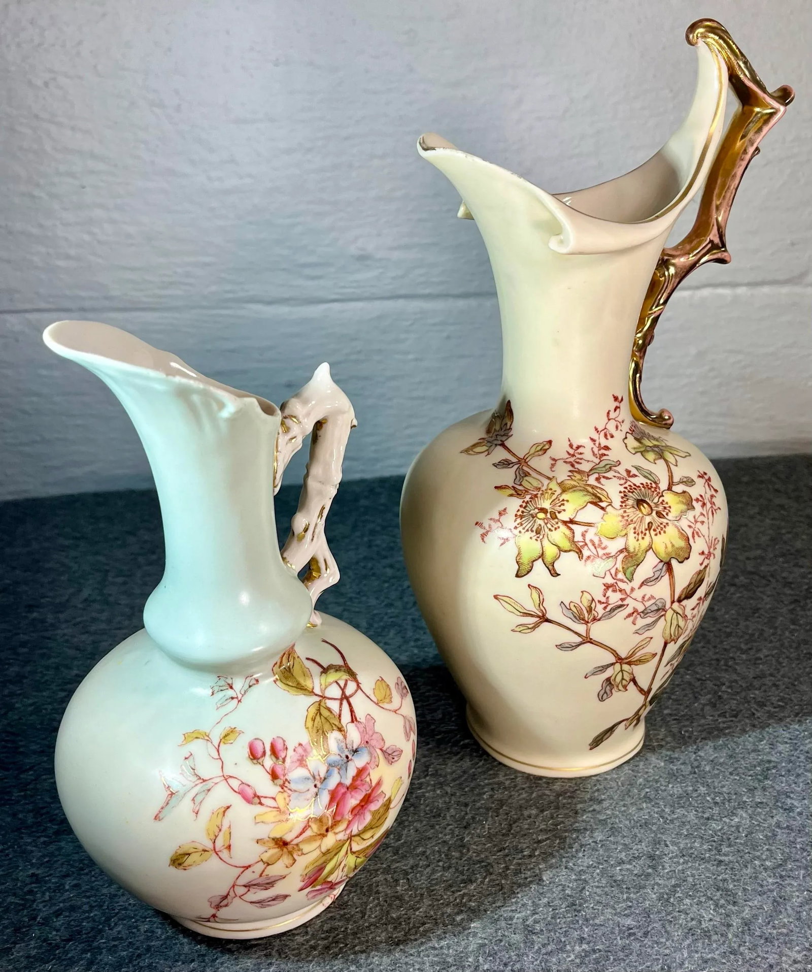 Late 19th Century Hand Painted Porcelain Ewers With Gilded Handles- 2 Pieces - 6