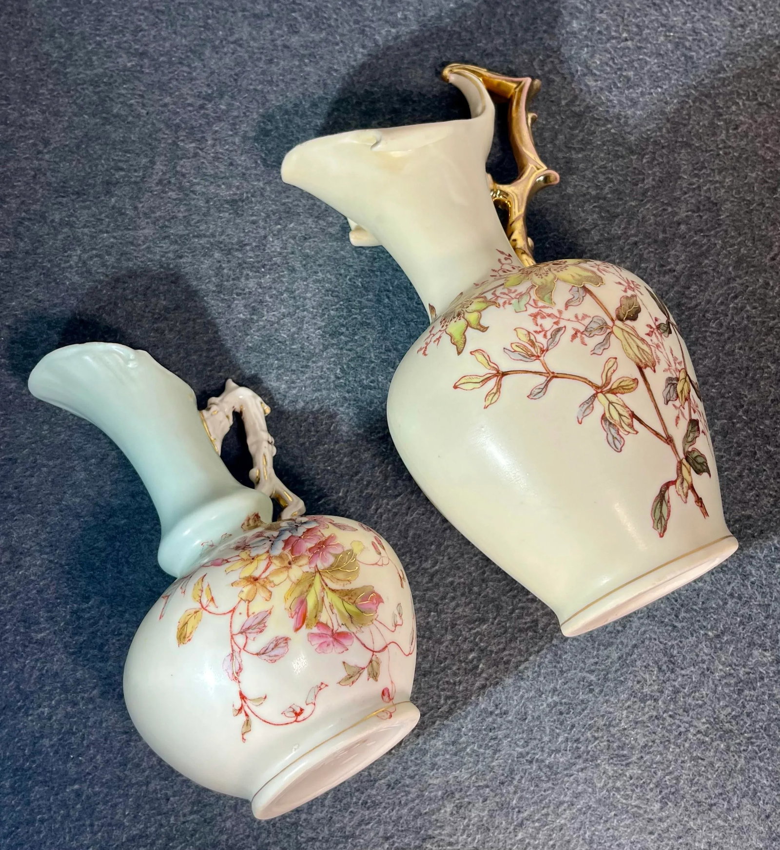 Late 19th Century Hand Painted Porcelain Ewers With Gilded Handles- 2 Pieces - 8