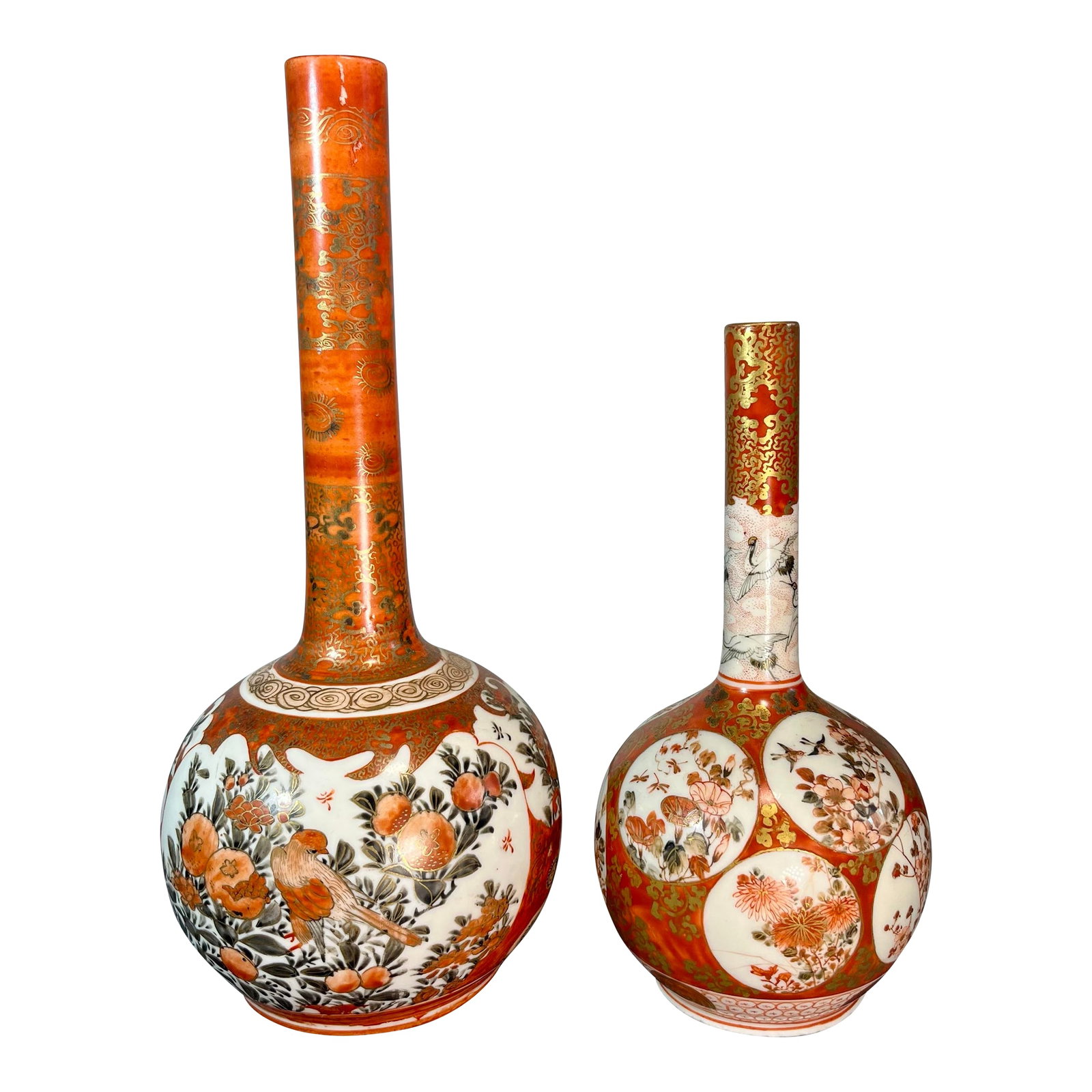Antique Japanese Kutani Hand Painted Porcelain Bottle Vases- Set of 2: (2) Beautiful porcelain vases with hand painted detail in a red and gold coloration. Marked to underside. Small vase- 3.25" W x 6.75"H Large vase- 4"W x 9.25"H Condition: Alterations: Original Conditi