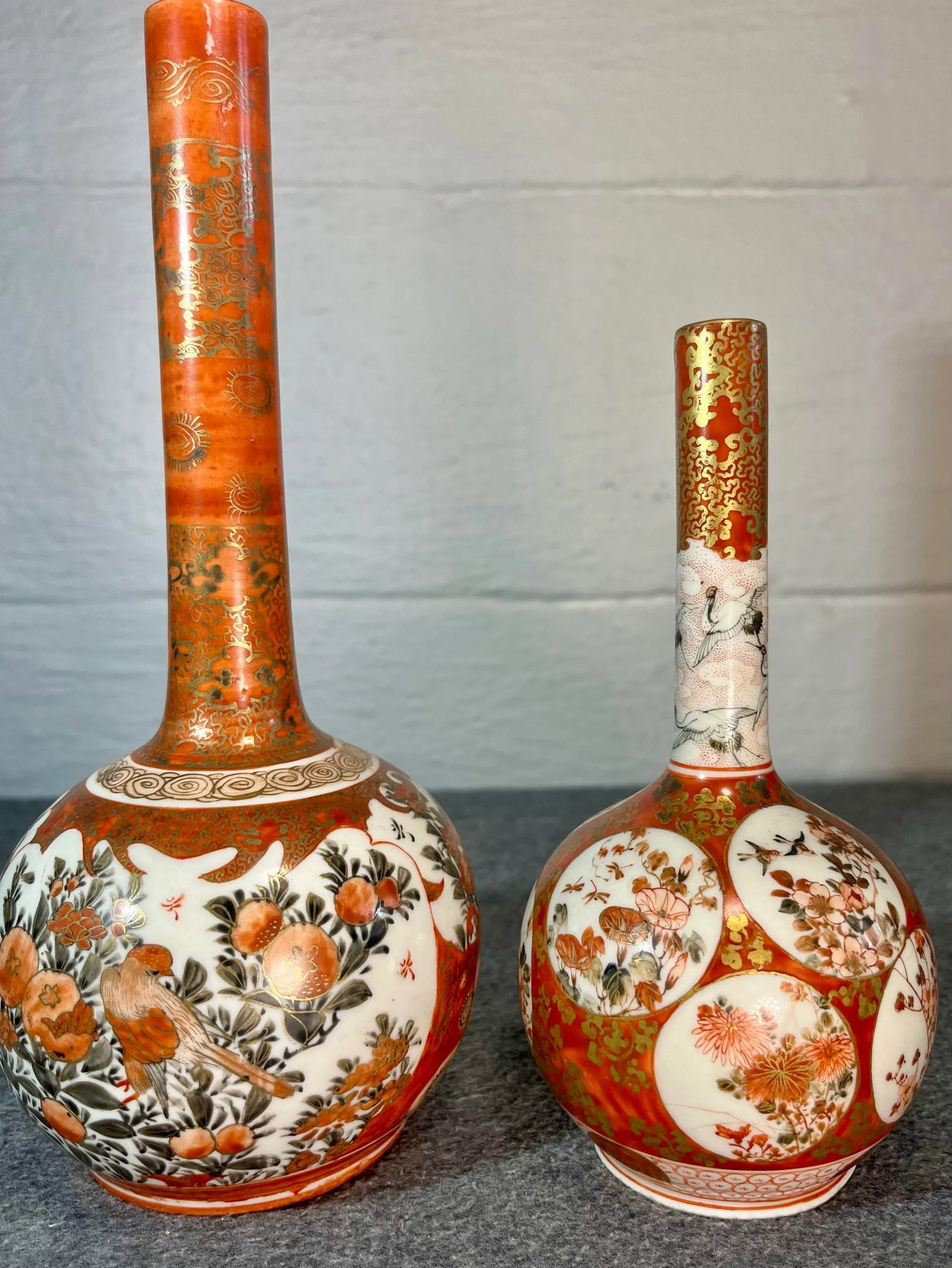 Antique Japanese Kutani Hand Painted Porcelain Bottle Vases- Set of 2 - 2