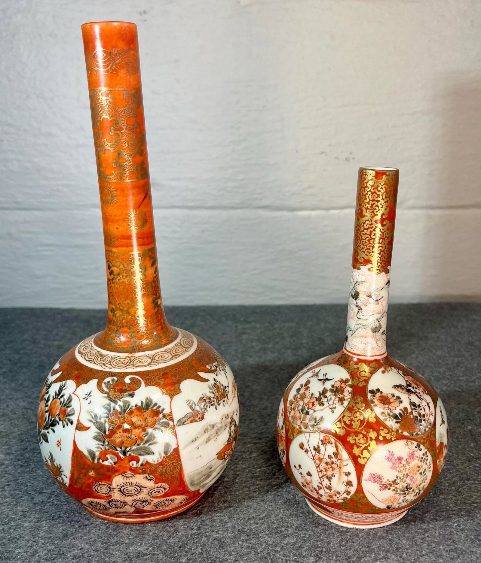 Antique Japanese Kutani Hand Painted Porcelain Bottle Vases- Set of 2 - 3