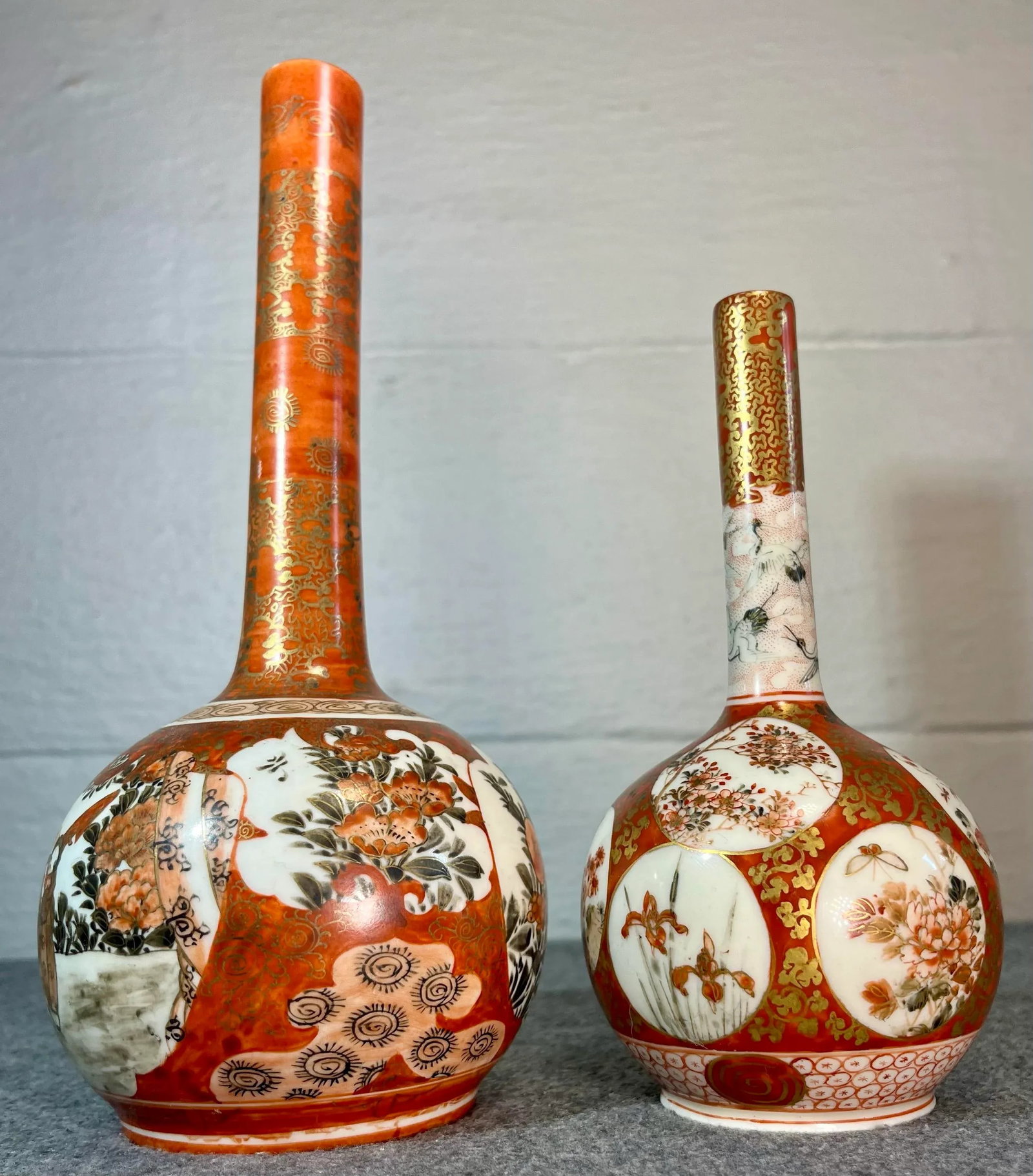 Antique Japanese Kutani Hand Painted Porcelain Bottle Vases- Set of 2 - 4